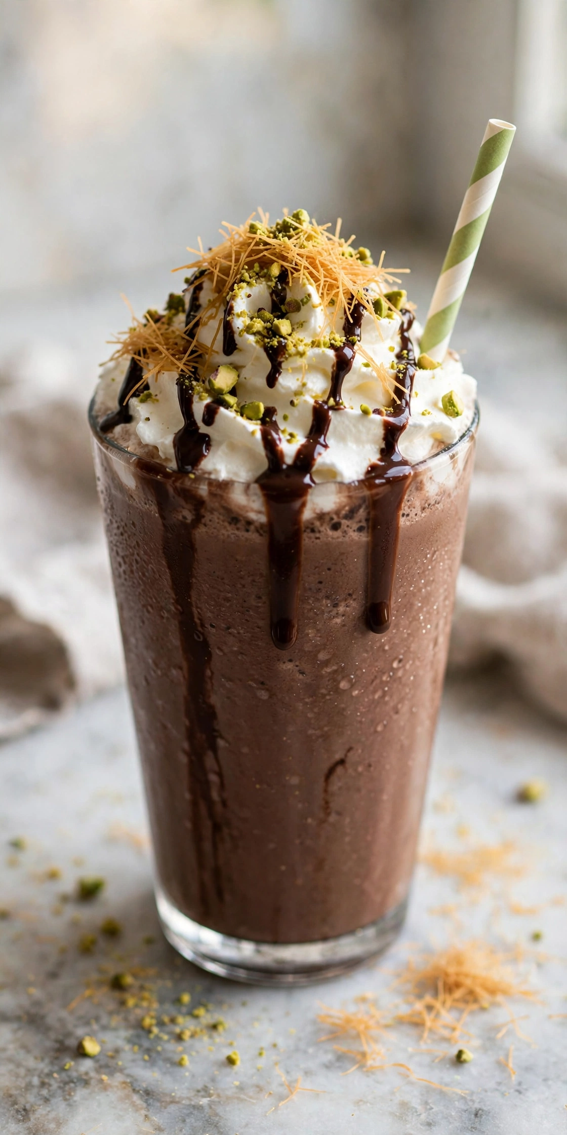 View of a tall Dubai chocolate milkshake topped with whipped cream, crushed pistachios, and chocolate drizzle