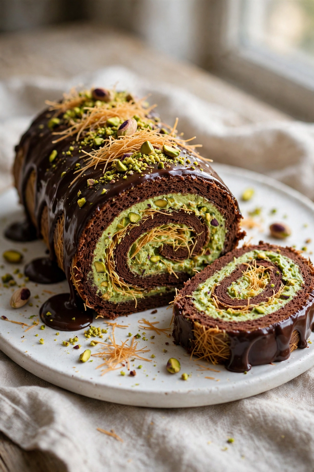 View of a sliced Dubai chocolate cake roll showing the spiral of pistachio kataifi filling