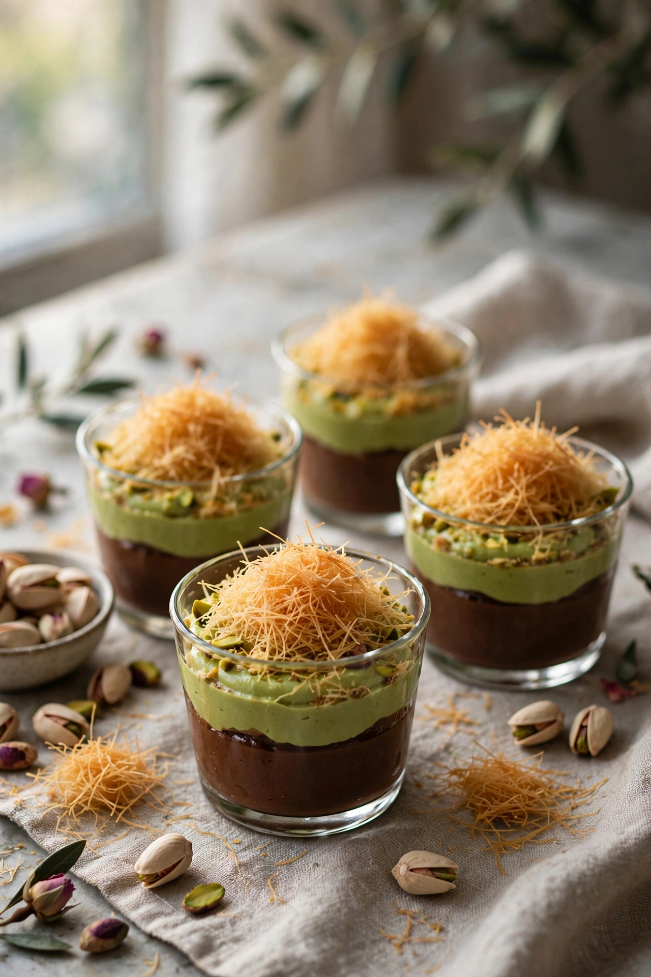 View of chocolate mousse cups layered with pistachio kataifi crunch and topped with pistachio dust