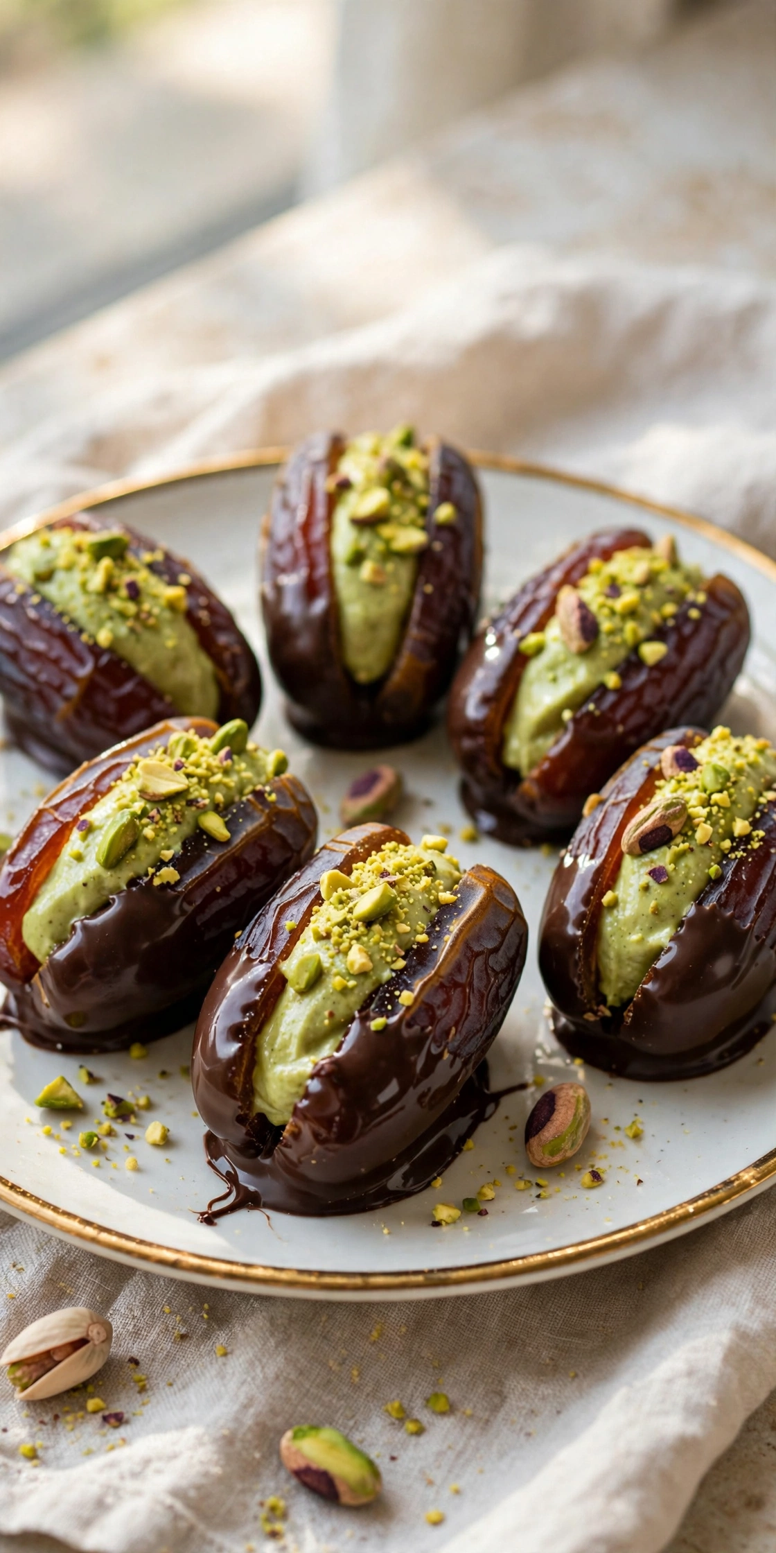 View of Medjool dates stuffed with pistachio kataifi filling and dipped in chocolate