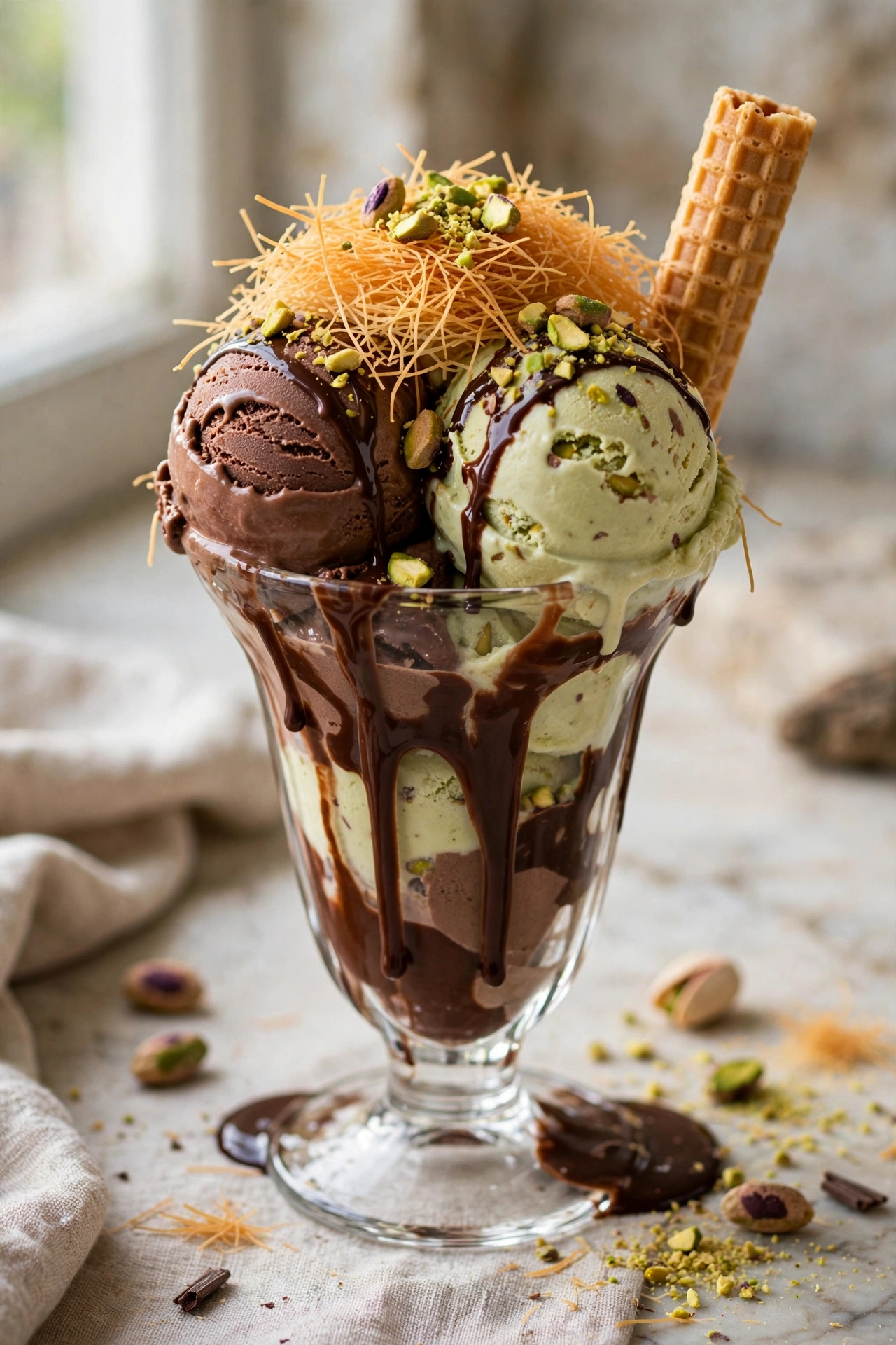 View of a Dubai chocolate ice cream sundae with pistachio sauce, kataifi crunch, and a chocolate dipped wafer