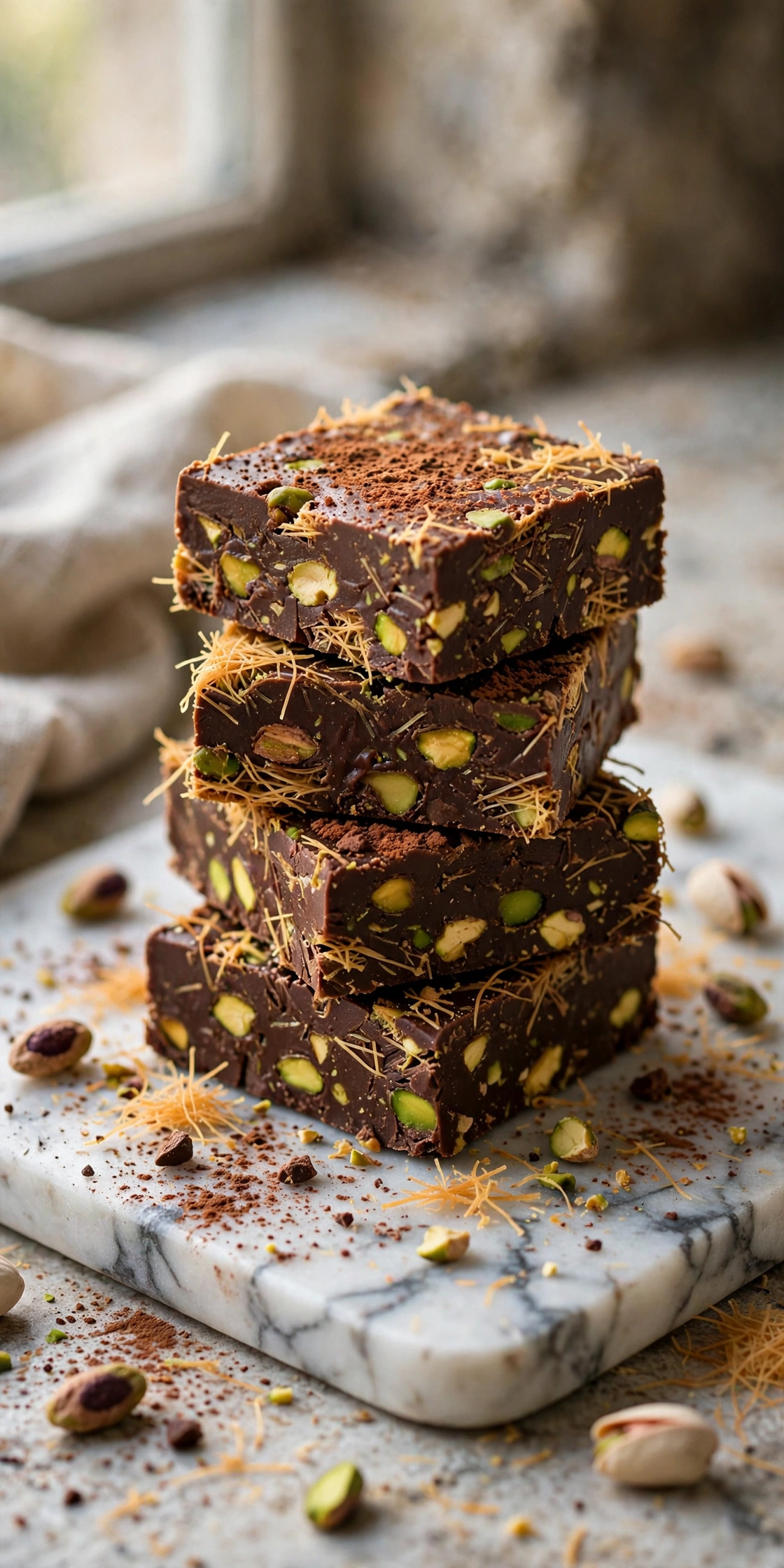 View of Dubai chocolate fudge squares with a pistachio kataifi layer and chopped pistachios on top
