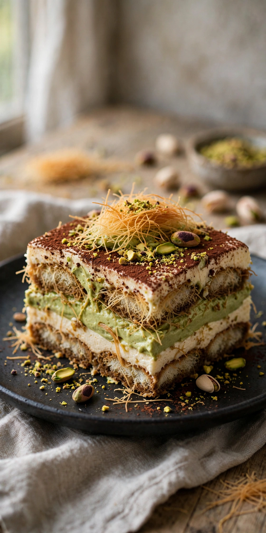 View of Dubai chocolate tiramisu layers with pistachio kataifi crunch and cocoa dusting