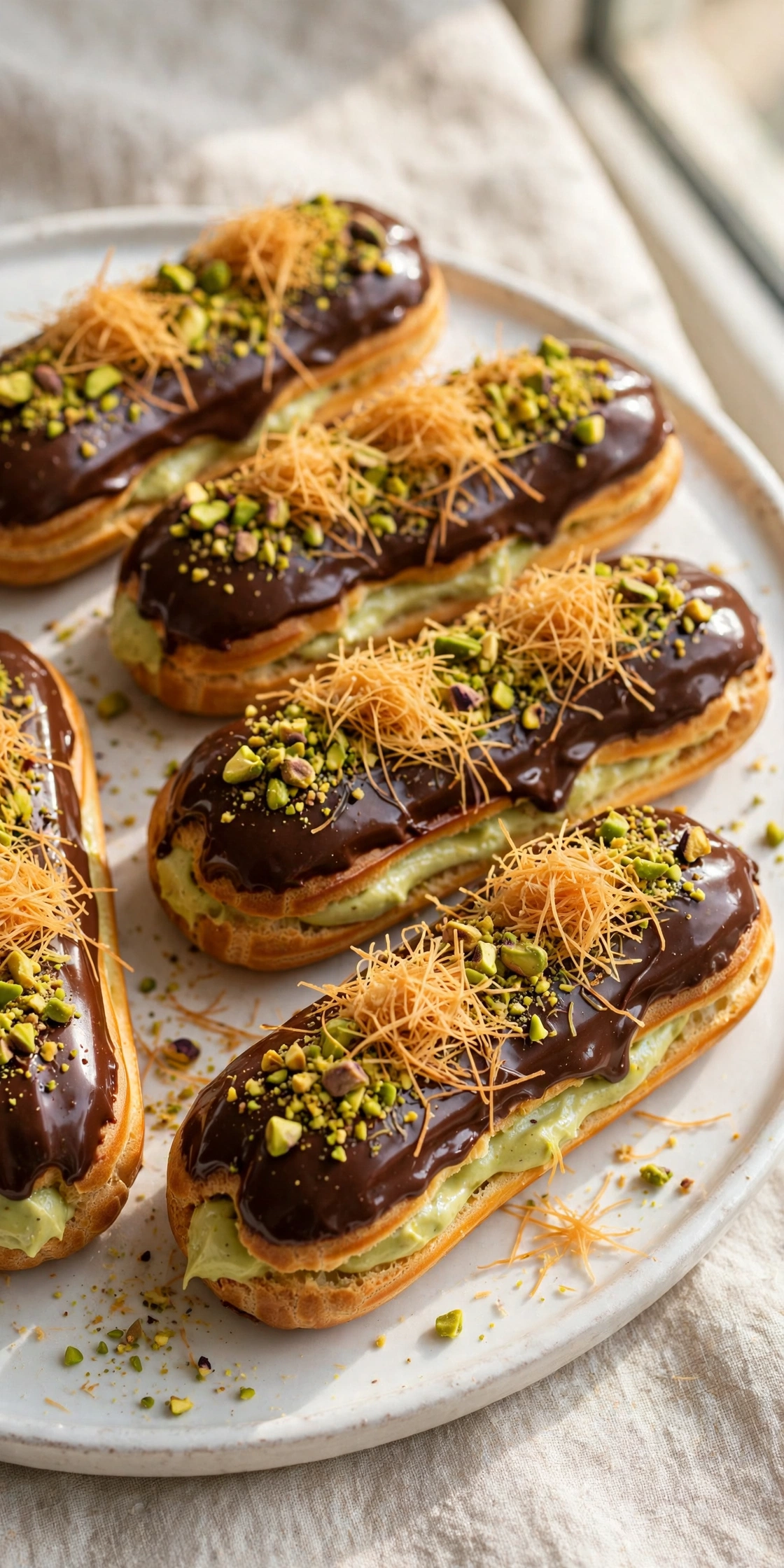 View of chocolate eclairs filled with pistachio cream and topped with kataifi crunch and chocolate glaze