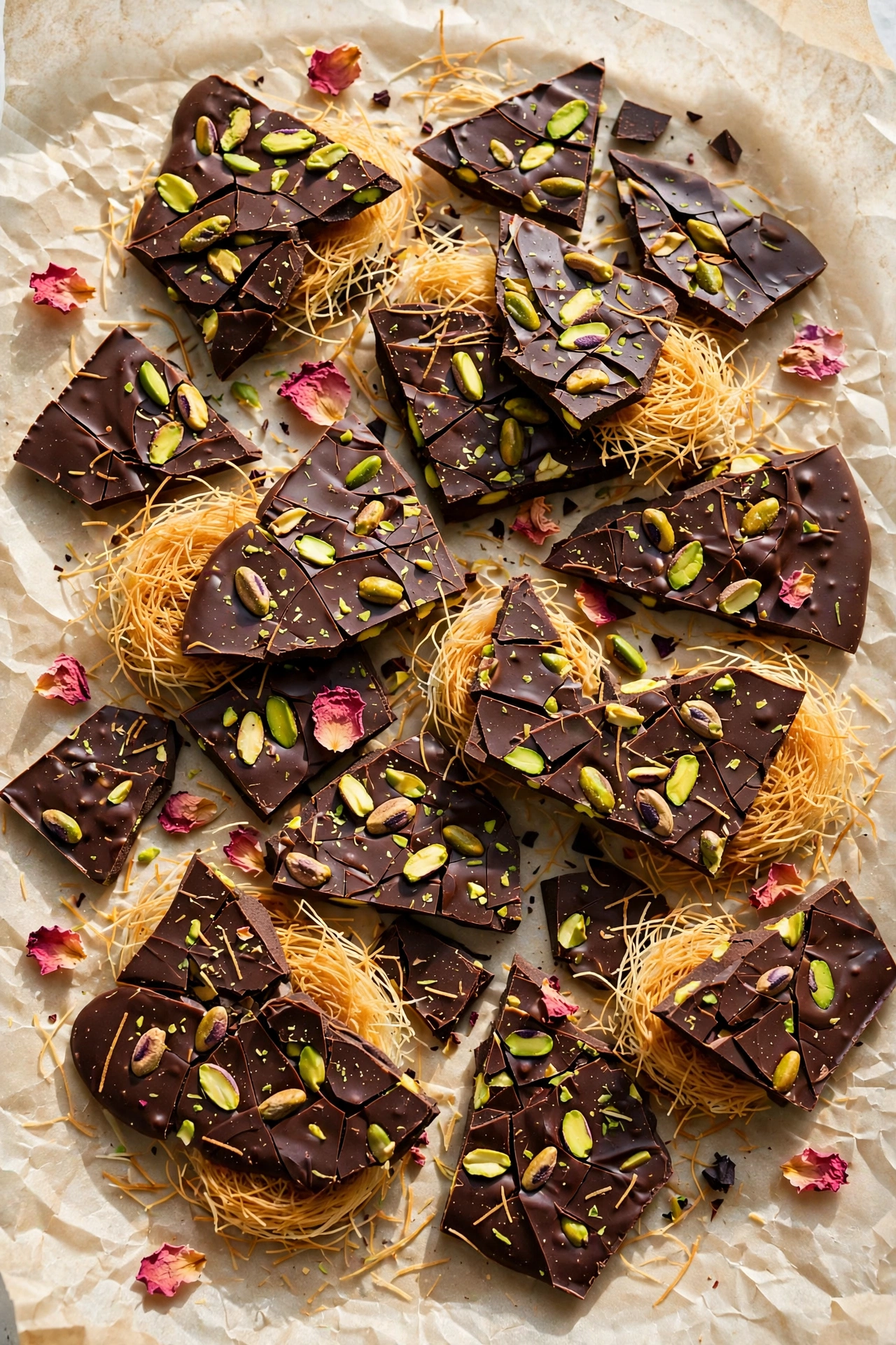 View of broken Dubai chocolate bark pieces studded with pistachio kataifi clusters and dried rose petals