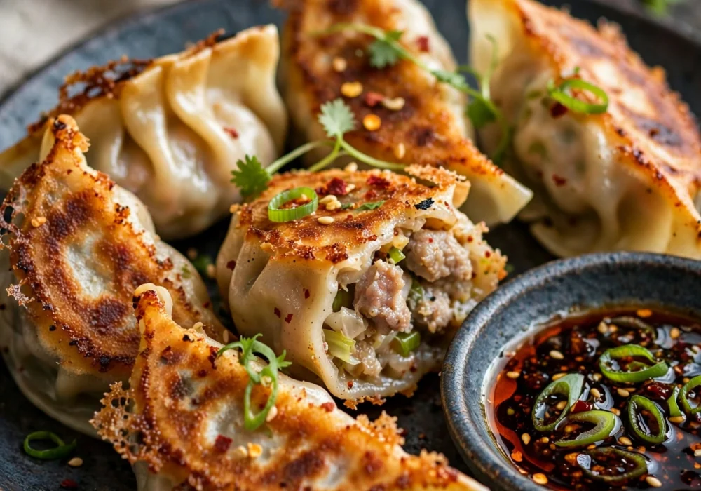 Pork gyoza pan-fried with crispy bottoms and dipping sauce