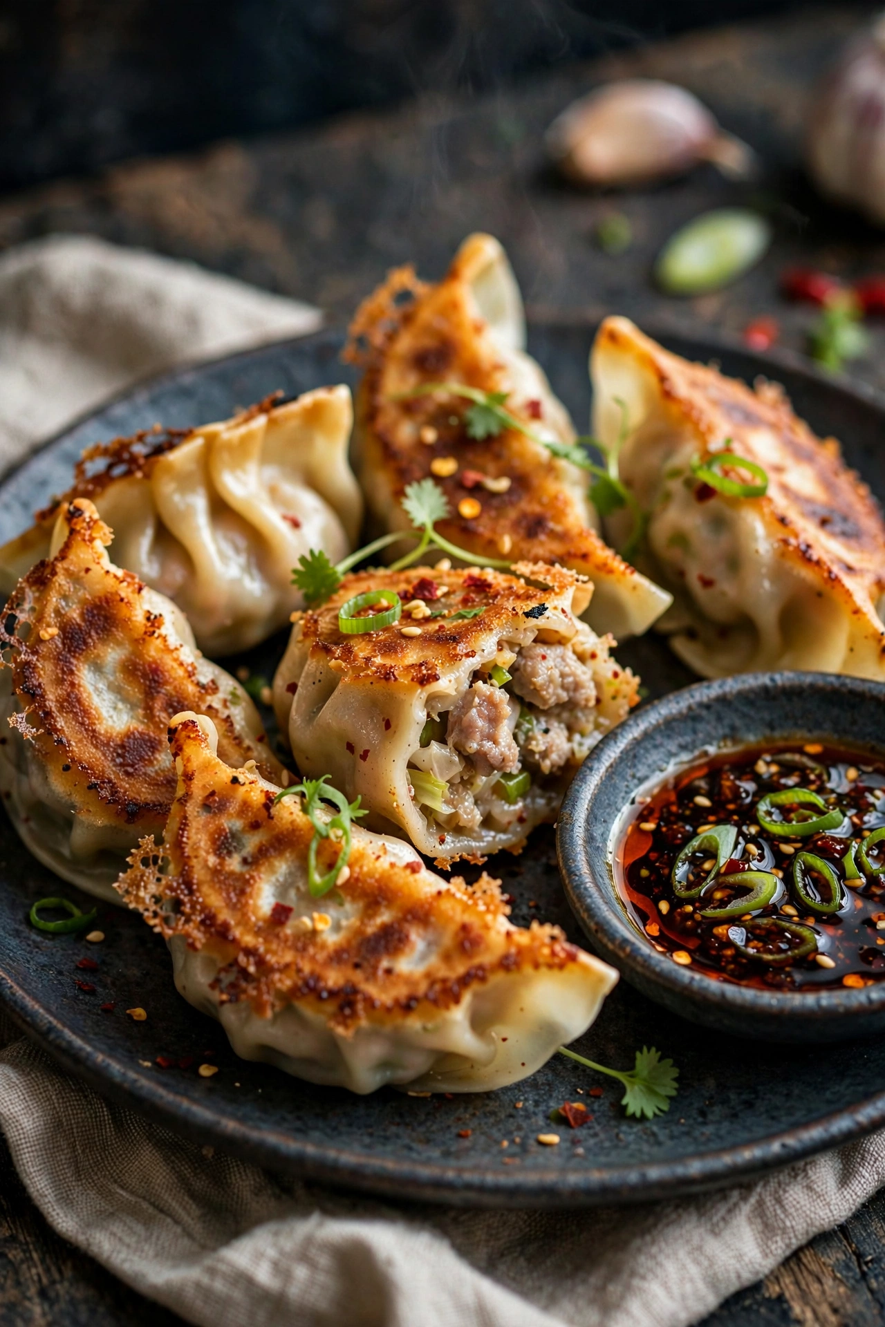 Pork gyoza pan-fried with crispy bottoms and dipping sauce