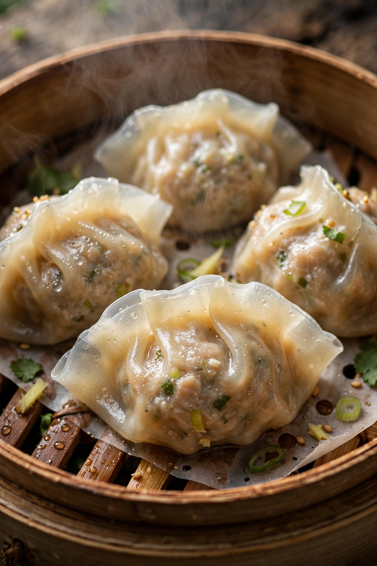 Chicken dumplings steamed translucent in a steamer