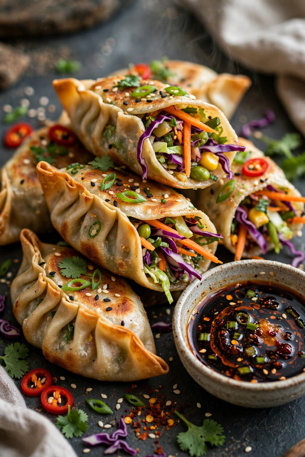 Vegetable potstickers colorful with dipping sauce