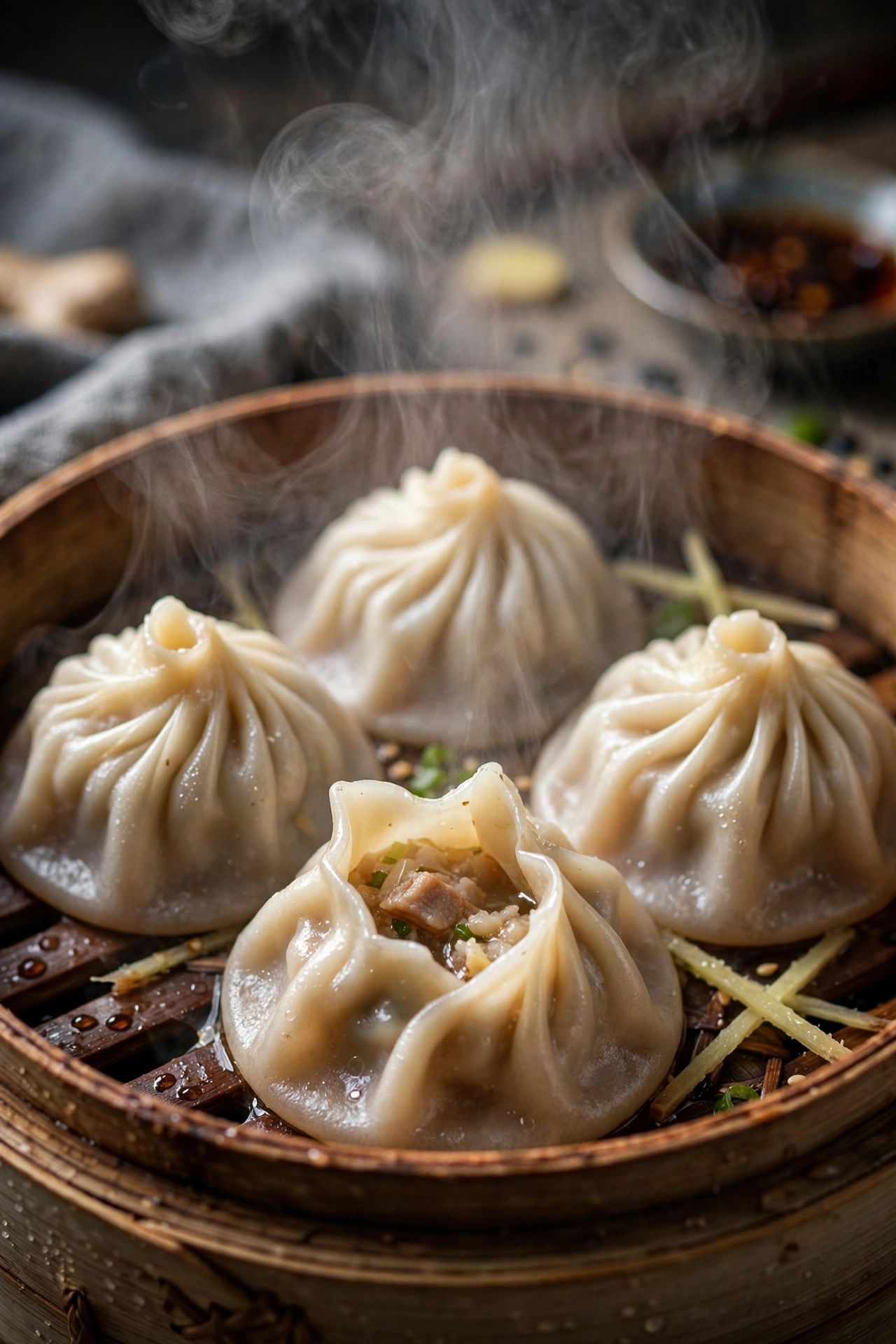 Soup dumplings xiao long bao with steam rising