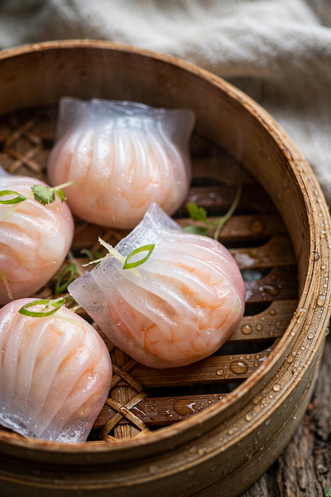 Shrimp dumplings har gow delicate pink in bamboo steamer