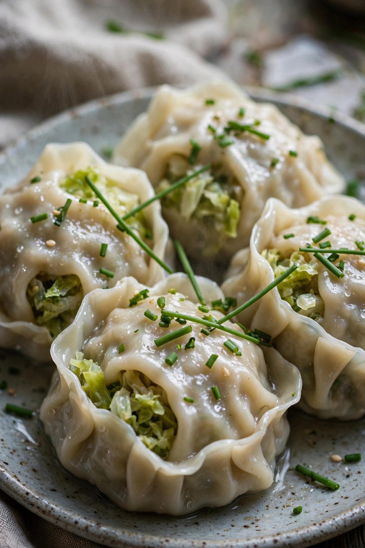 Cabbage dumplings boiled with chive garnish