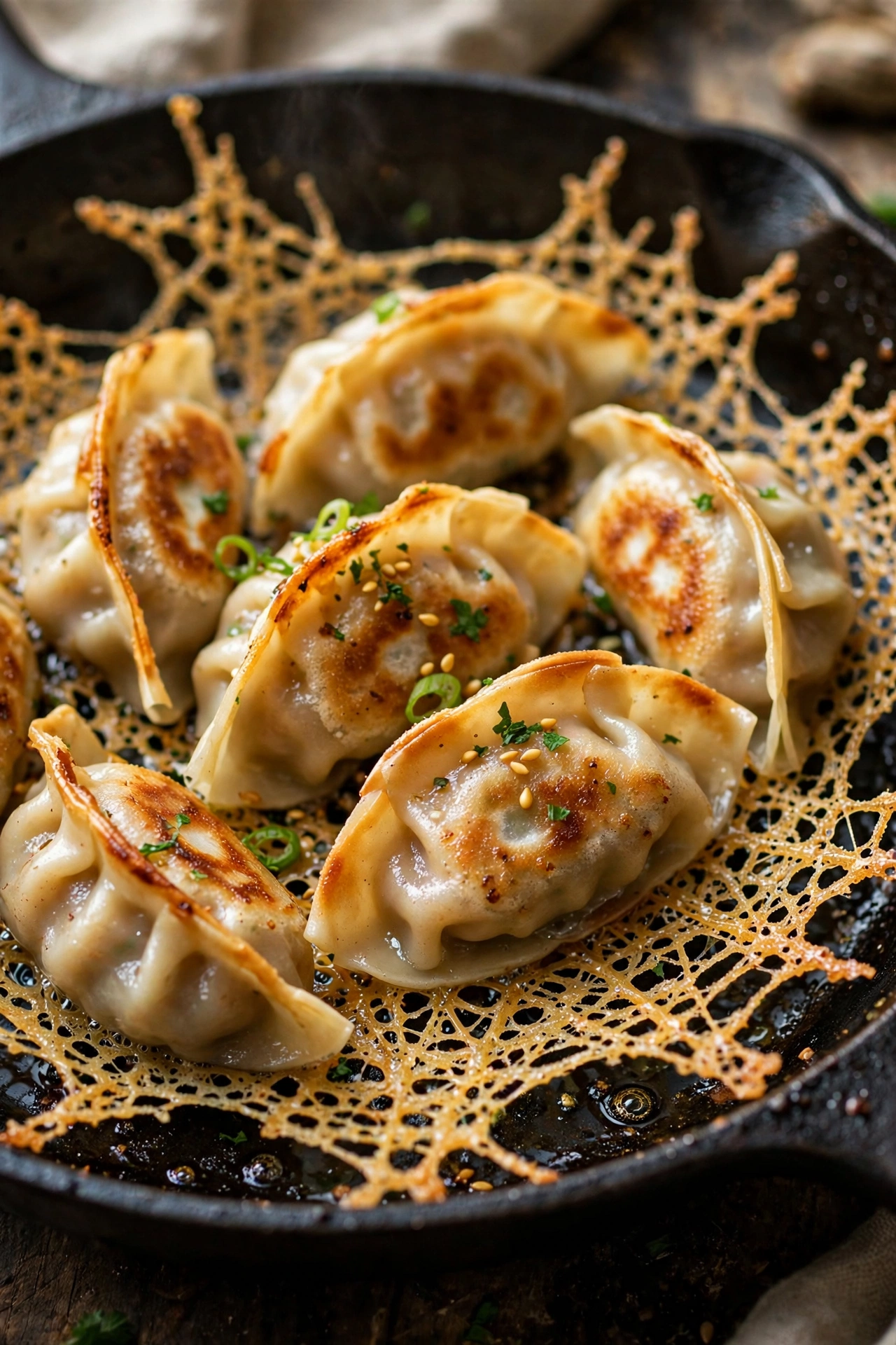 Pan-fried dumplings golden lace skirt in a pan