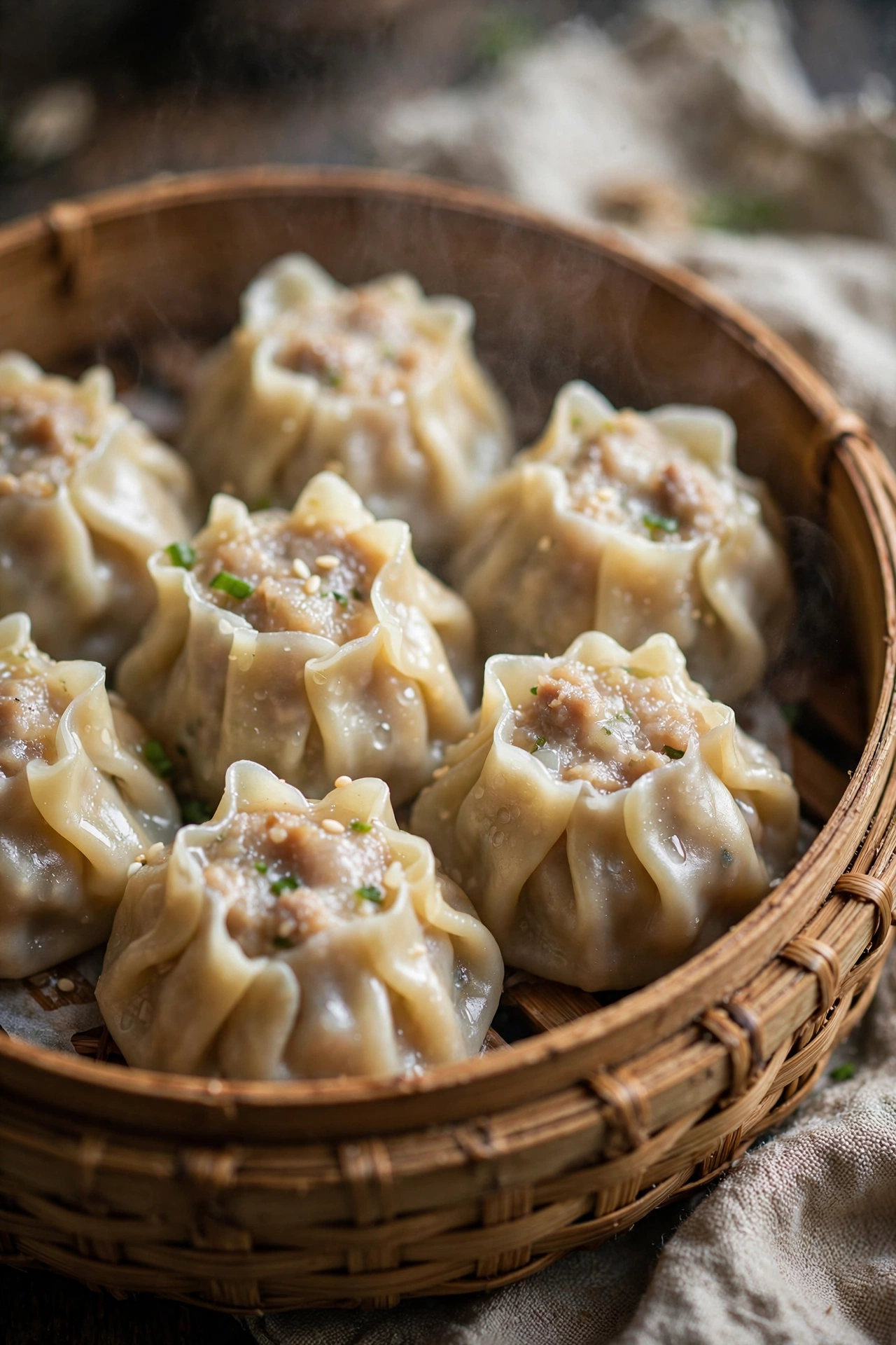 Steamed dumplings plump in a bamboo basket