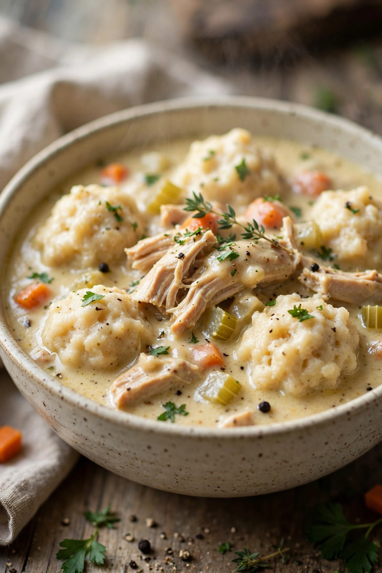 Southern chicken and dumplings creamy stew in a bowl