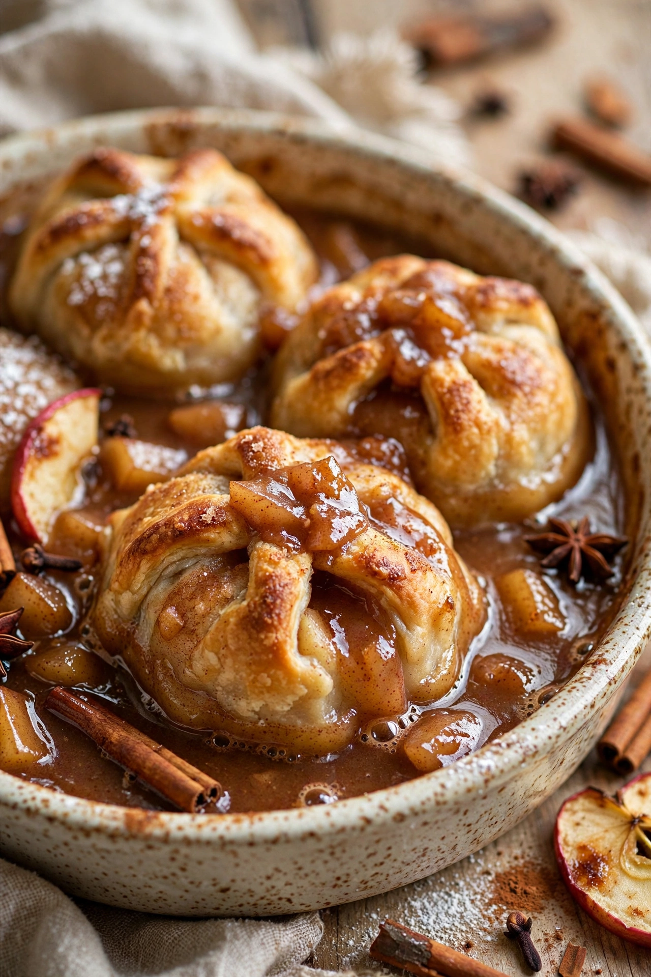 Apple dumplings baked with cinnamon sauce