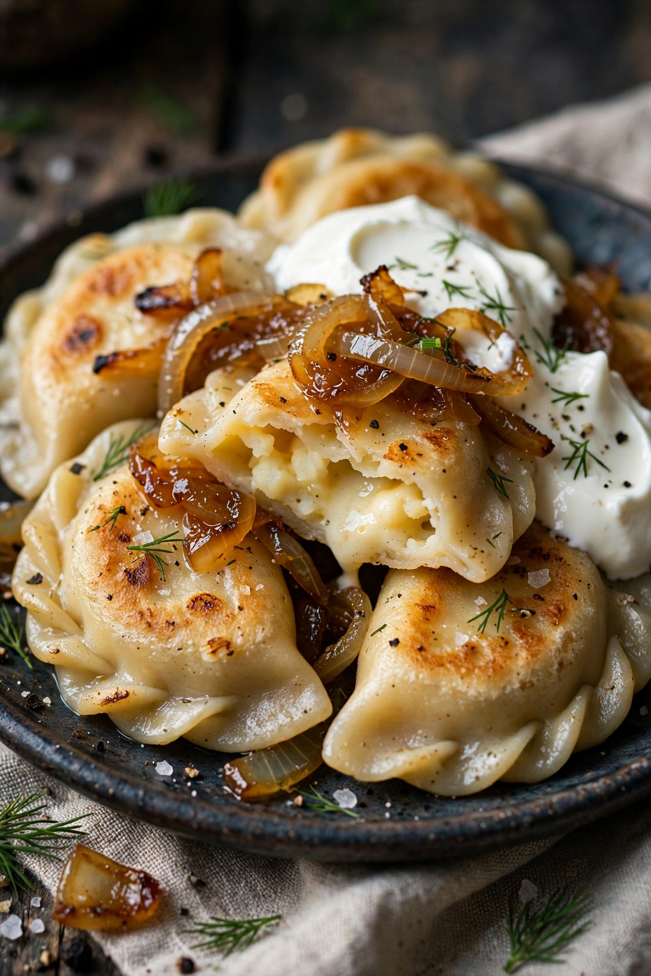 Pierogi with sour cream and caramelized onions