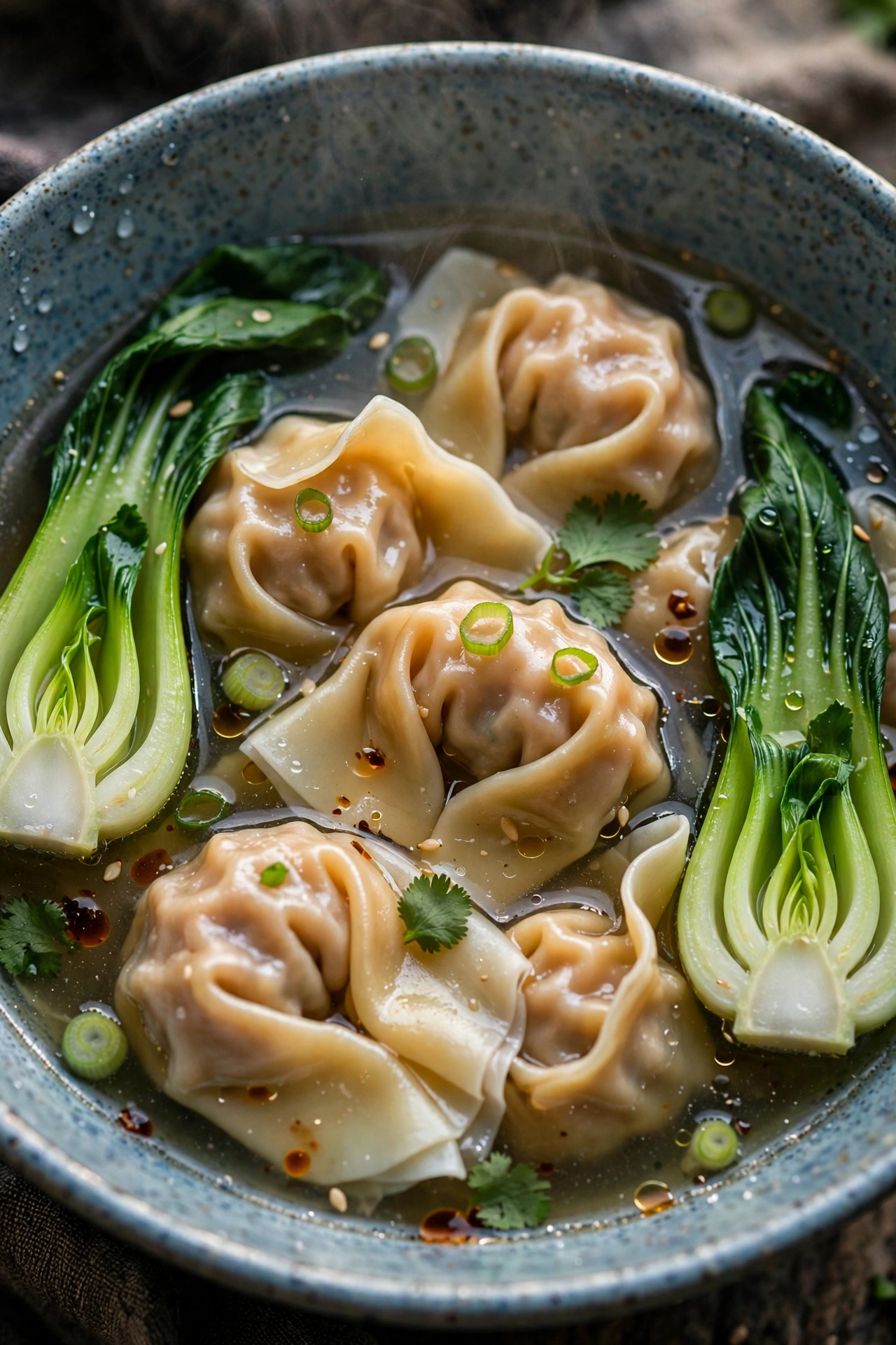 Wonton soup dumplings in clear broth with bok choy