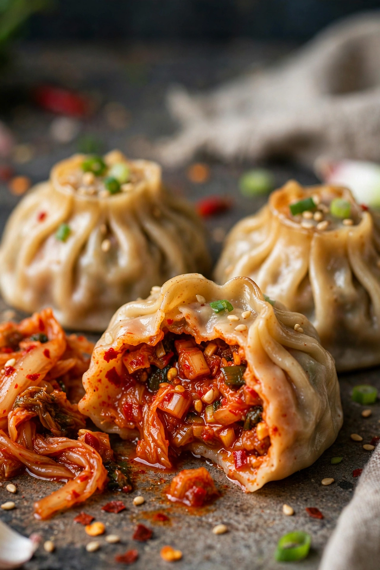 Kimchi dumplings spicy red filling visible