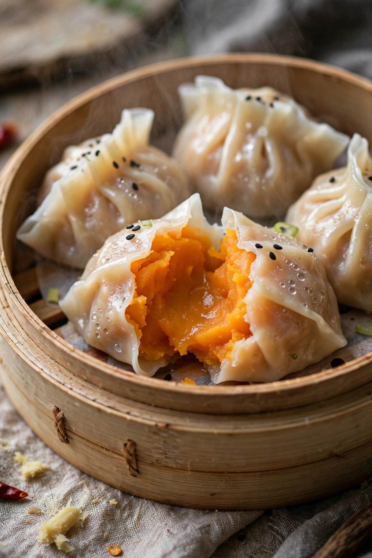Sweet potato dumplings orange filling steamed