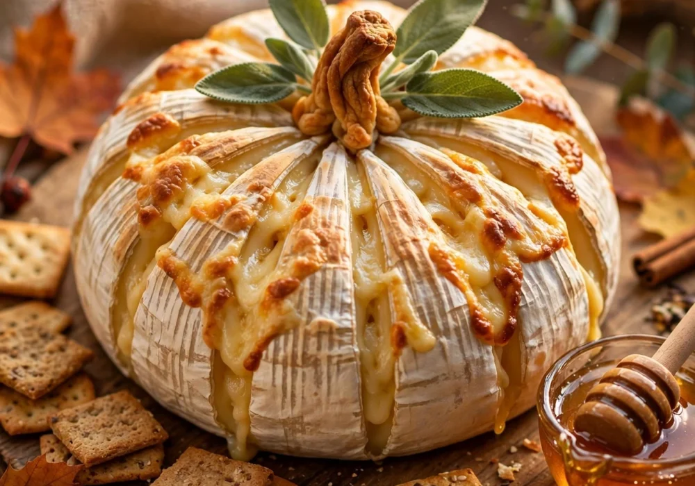 Baked brie pumpkin shaped with pastry and cranberry sauce for fall parties