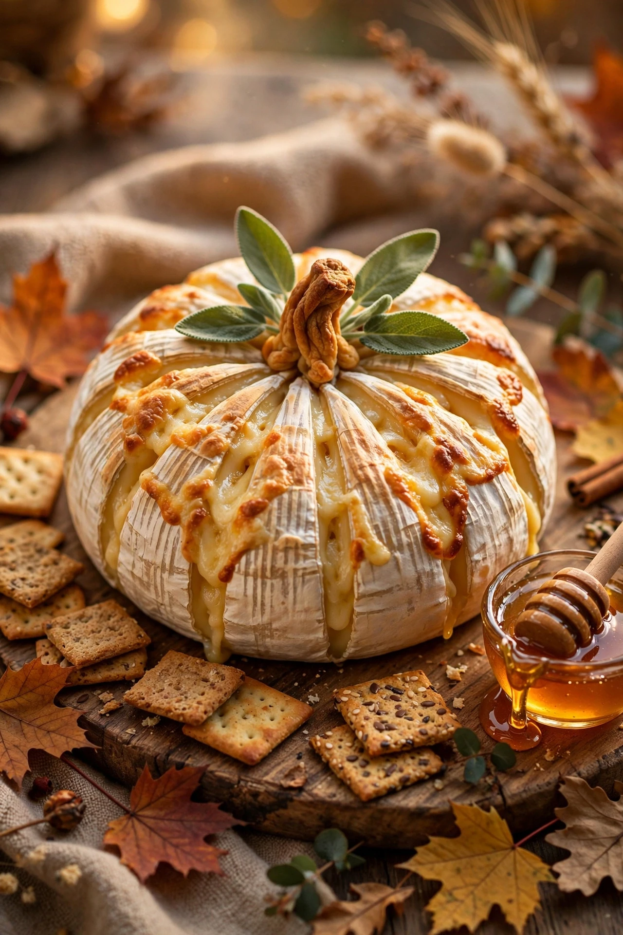 Baked brie pumpkin shaped with pastry and cranberry sauce for fall parties