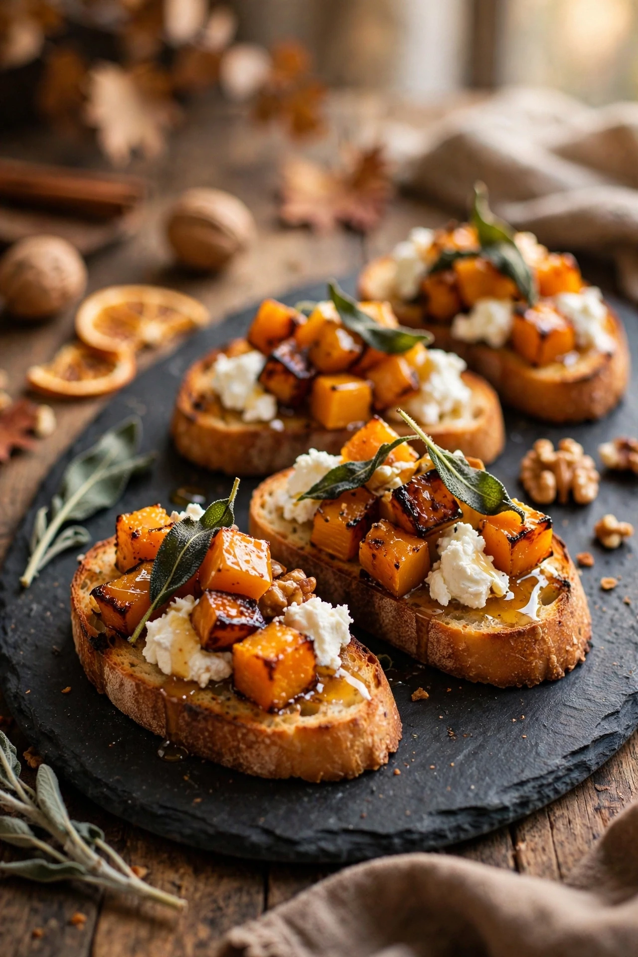 Butternut squash crostini with ricotta sage and toasted baguette slices