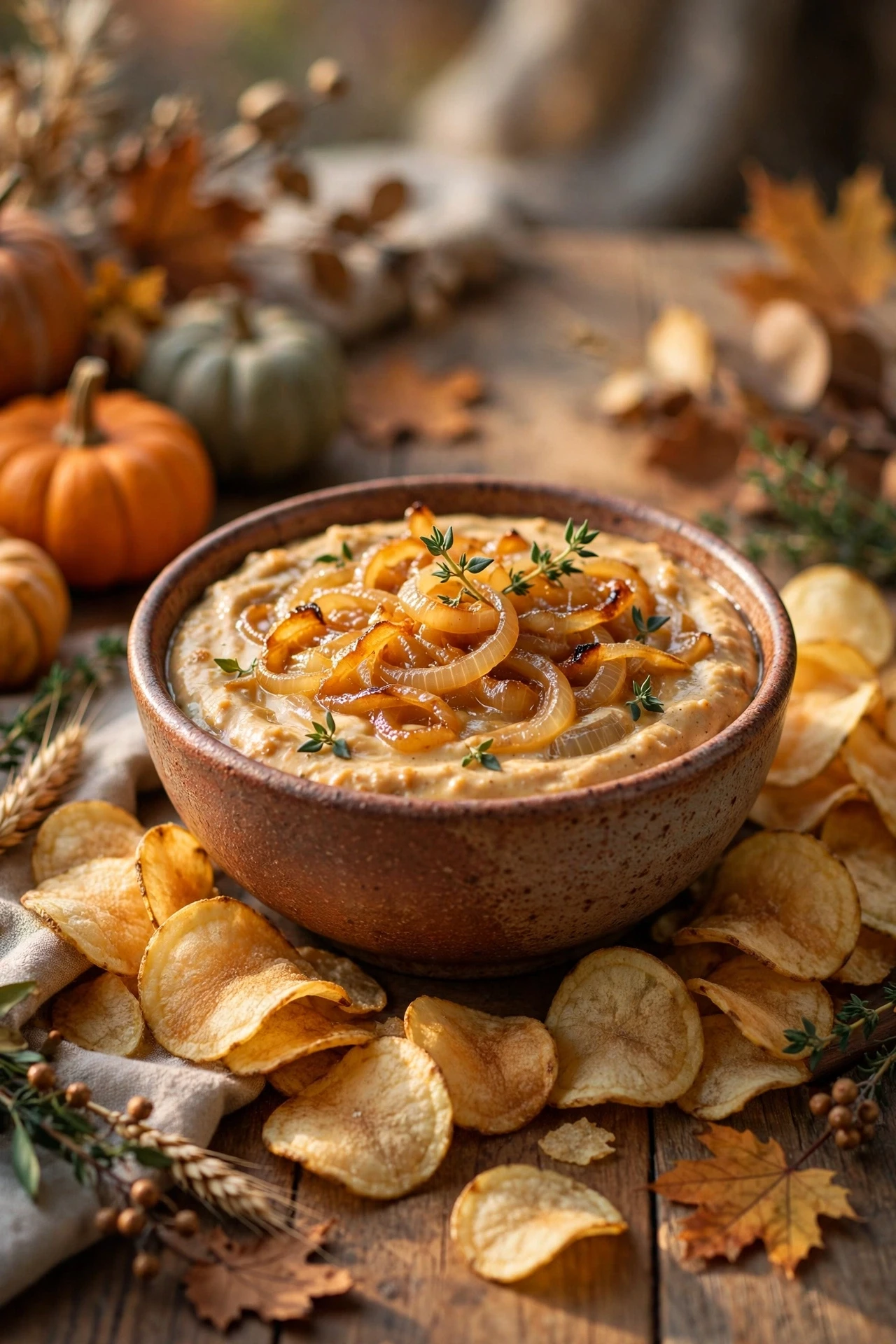 Caramelized onion dip creamy in bowl with potato chips for dipping
