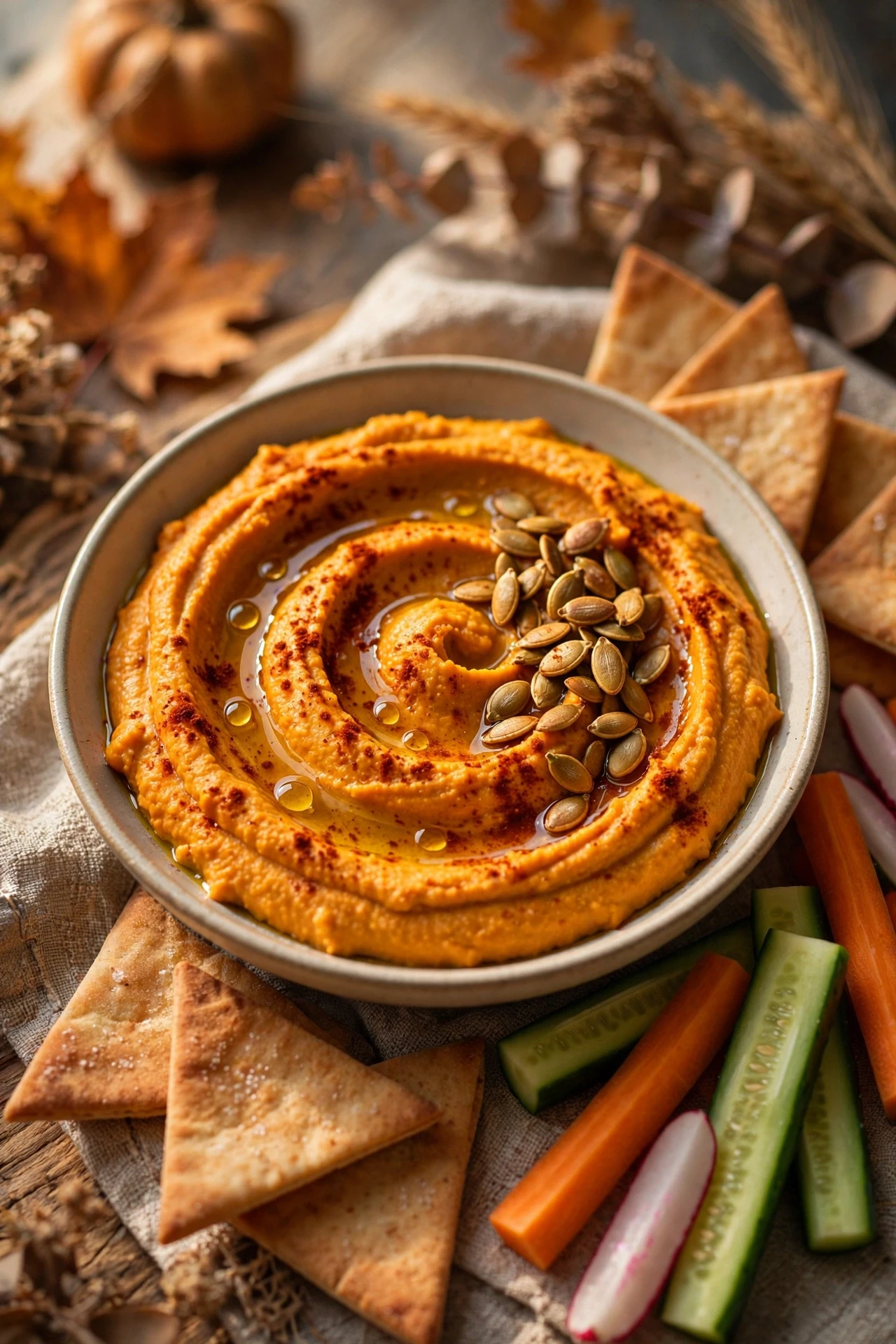 Pumpkin hummus swirled in bowl with paprika and pita chips