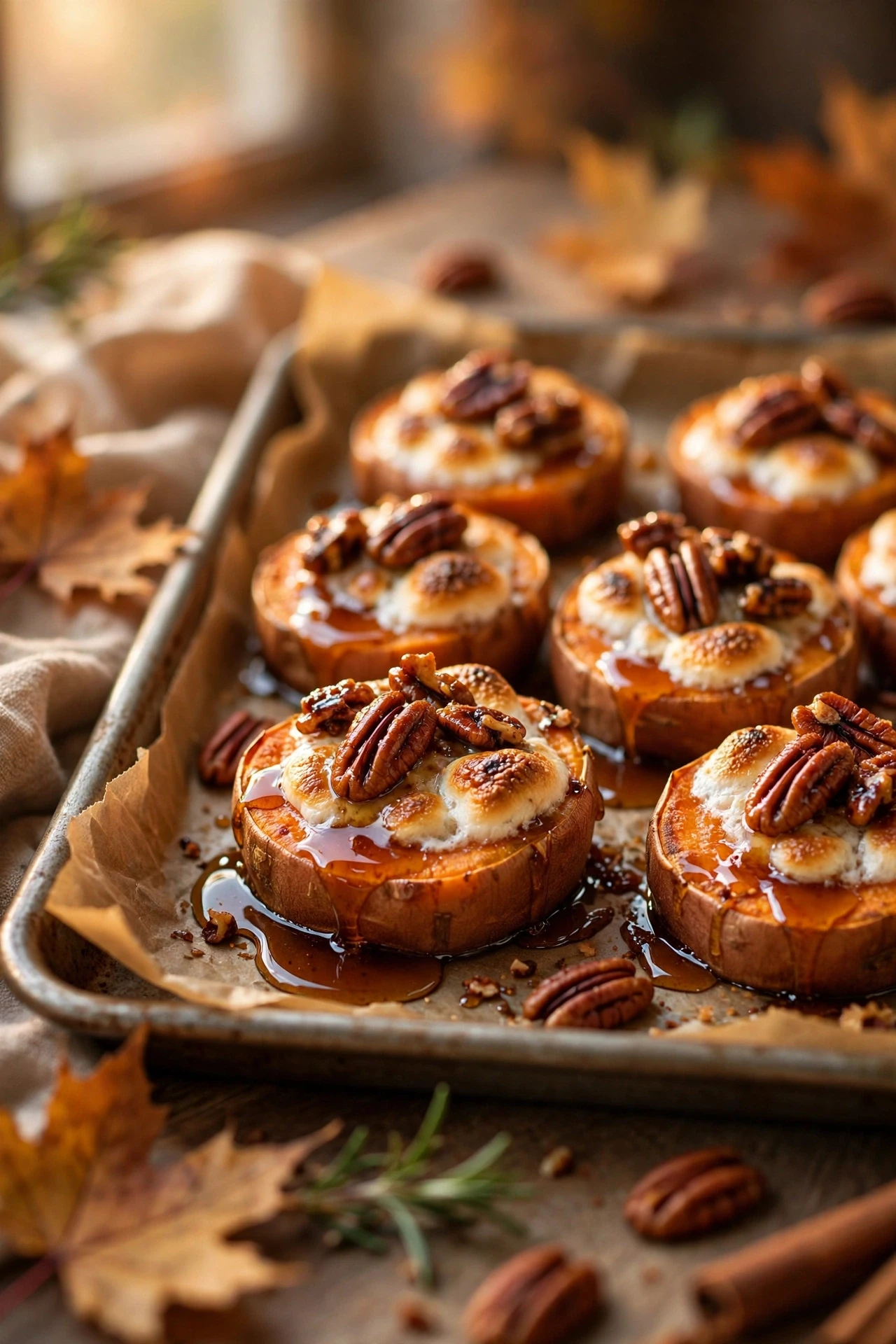Sweet potato rounds roasted with goat cheese cranberries and pecans