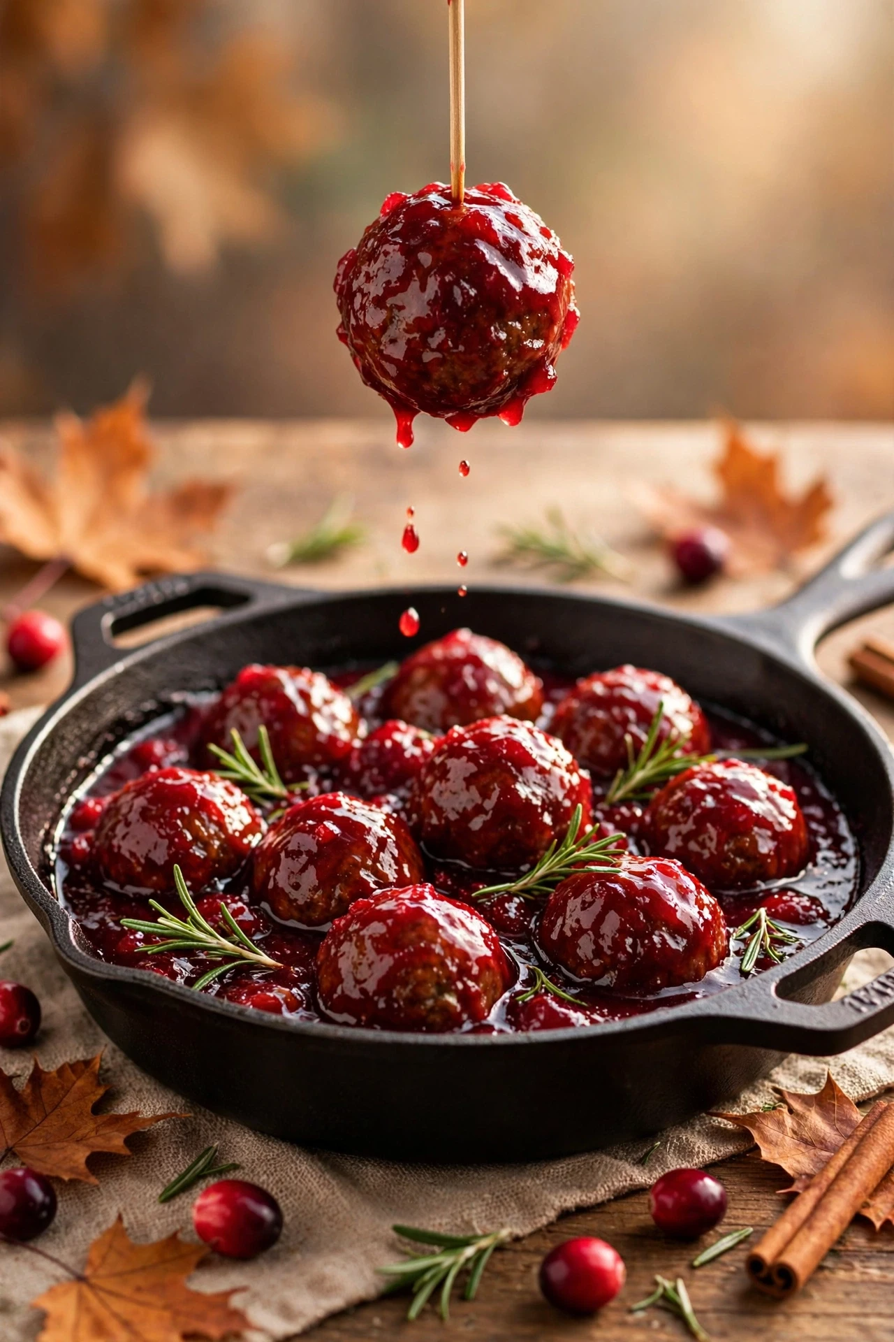 Cranberry meatballs glossy in slow cooker with festive toothpicks