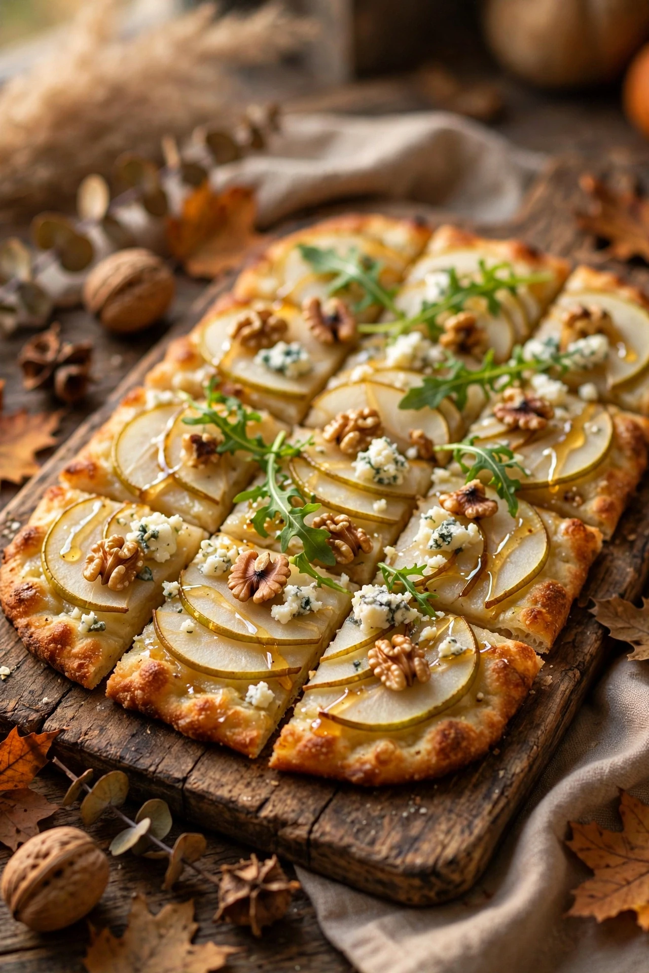 Pear gorgonzola flatbread with arugula walnuts and balsamic drizzle