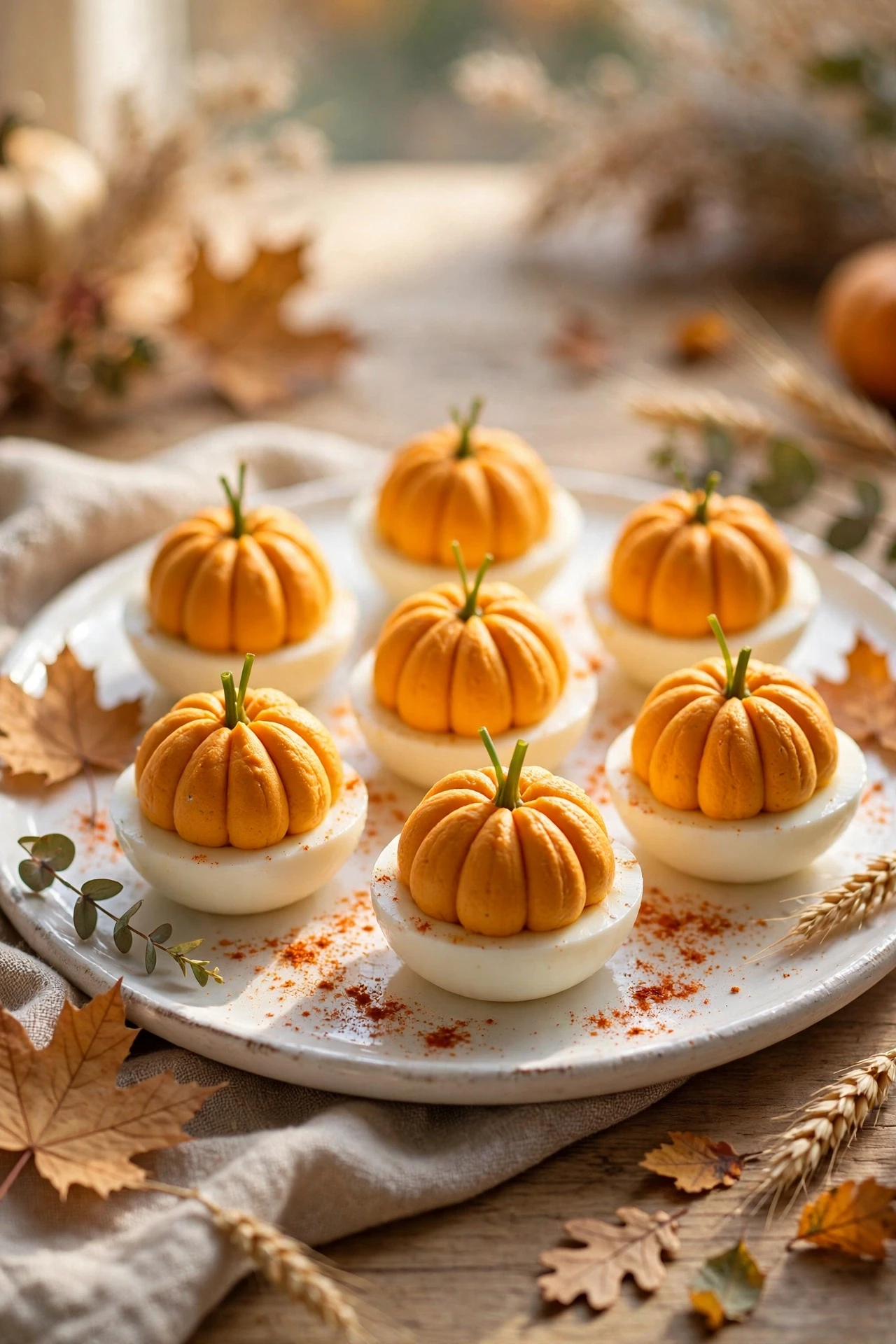 Pumpkin deviled eggs with paprika piped filling for Halloween parties