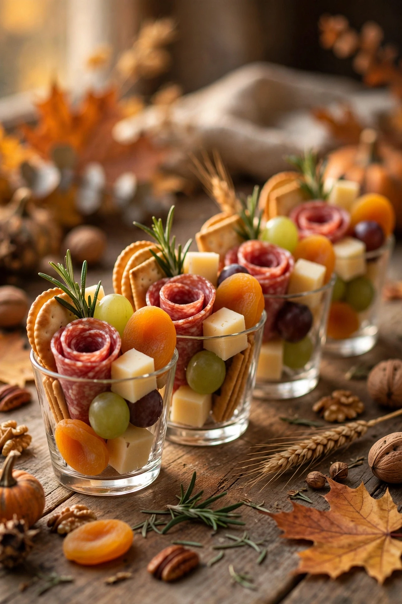 Harvest charcuterie cups individual with cheese meats grapes and crackers
