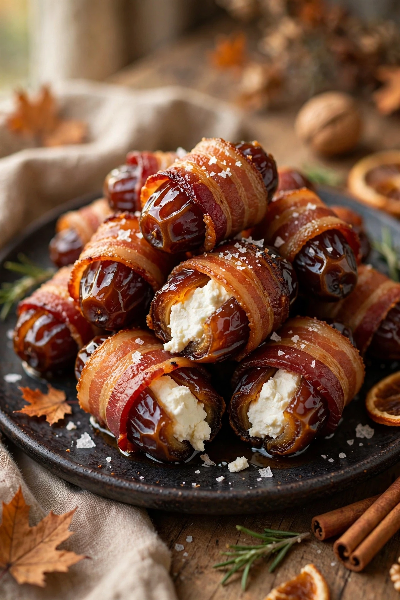 Maple bacon wrapped dates stuffed with goat cheese and pecans