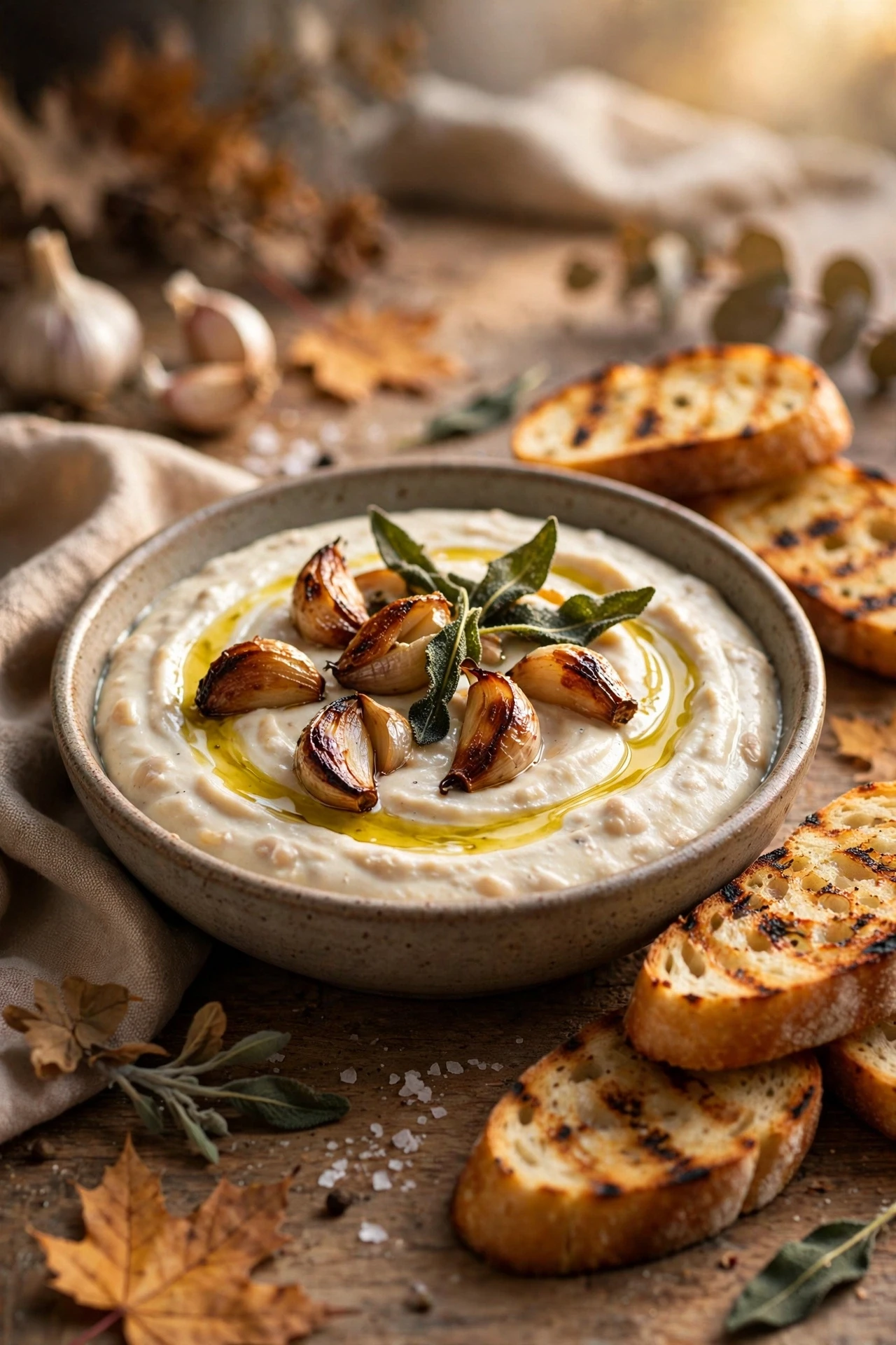 Roasted garlic white bean dip creamy with olive oil and rosemary