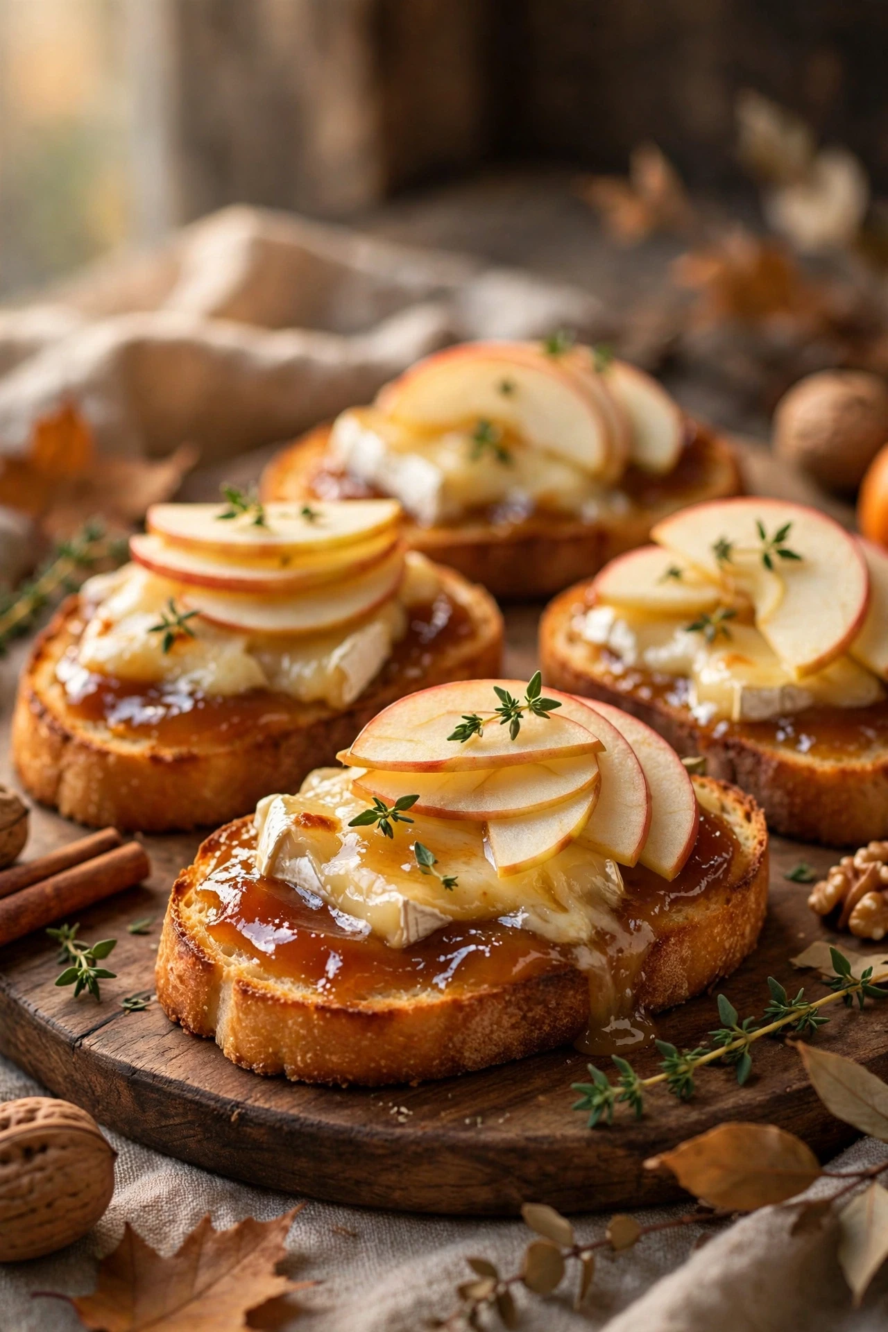 Apple butter bruschetta on toasted baguette with brie and thyme