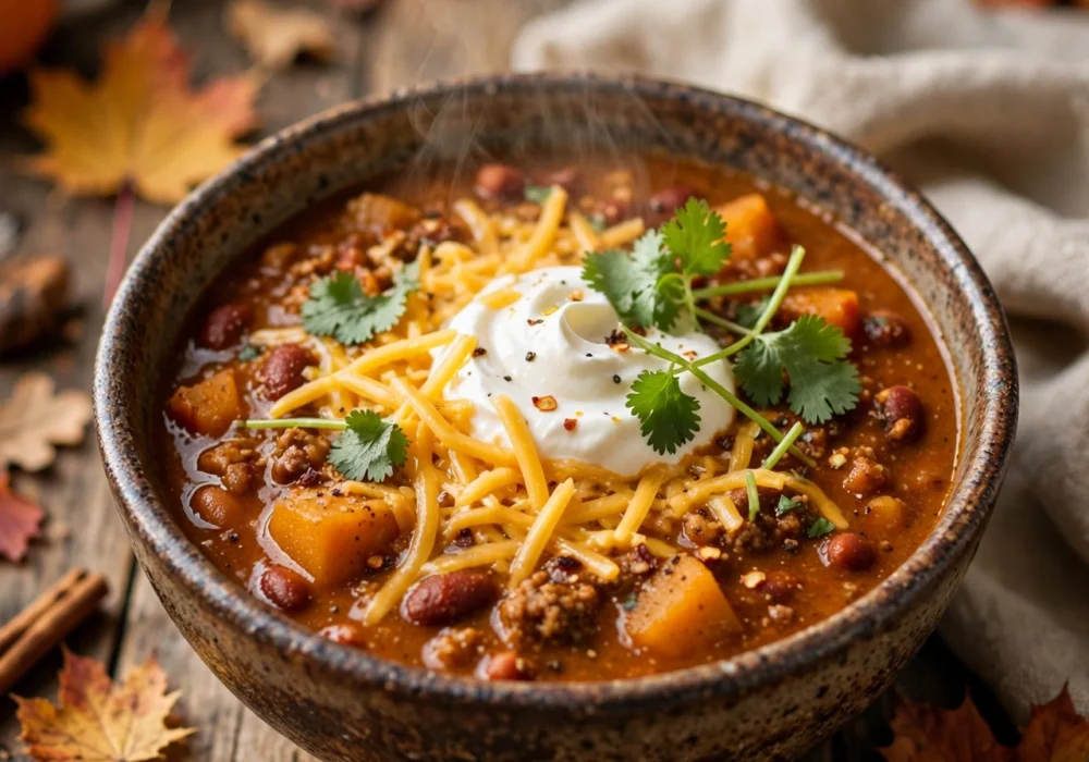 Pumpkin chili in a bowl topped with sour cream, cheddar and scallions