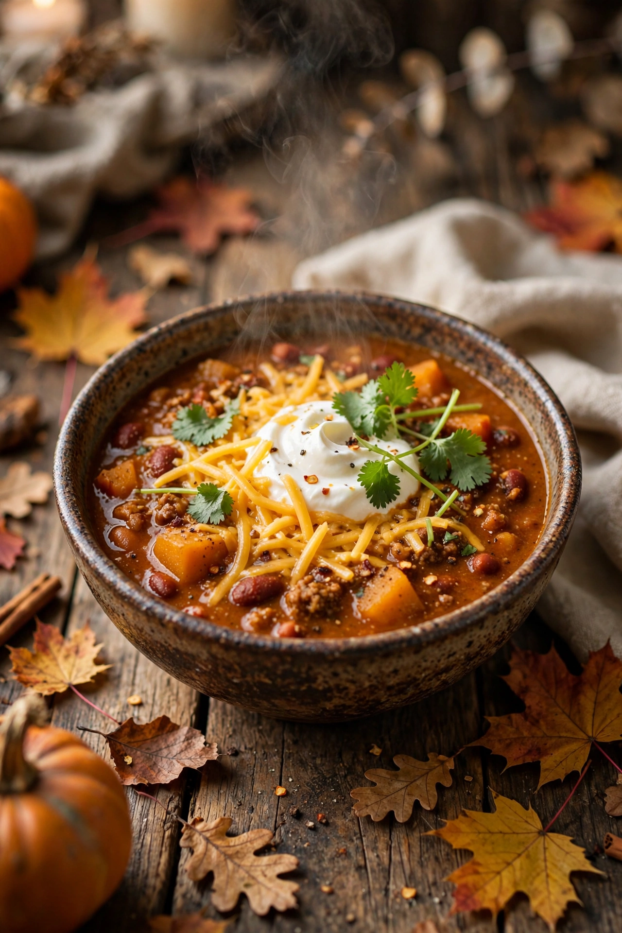 Pumpkin chili in a bowl topped with sour cream, cheddar and scallions