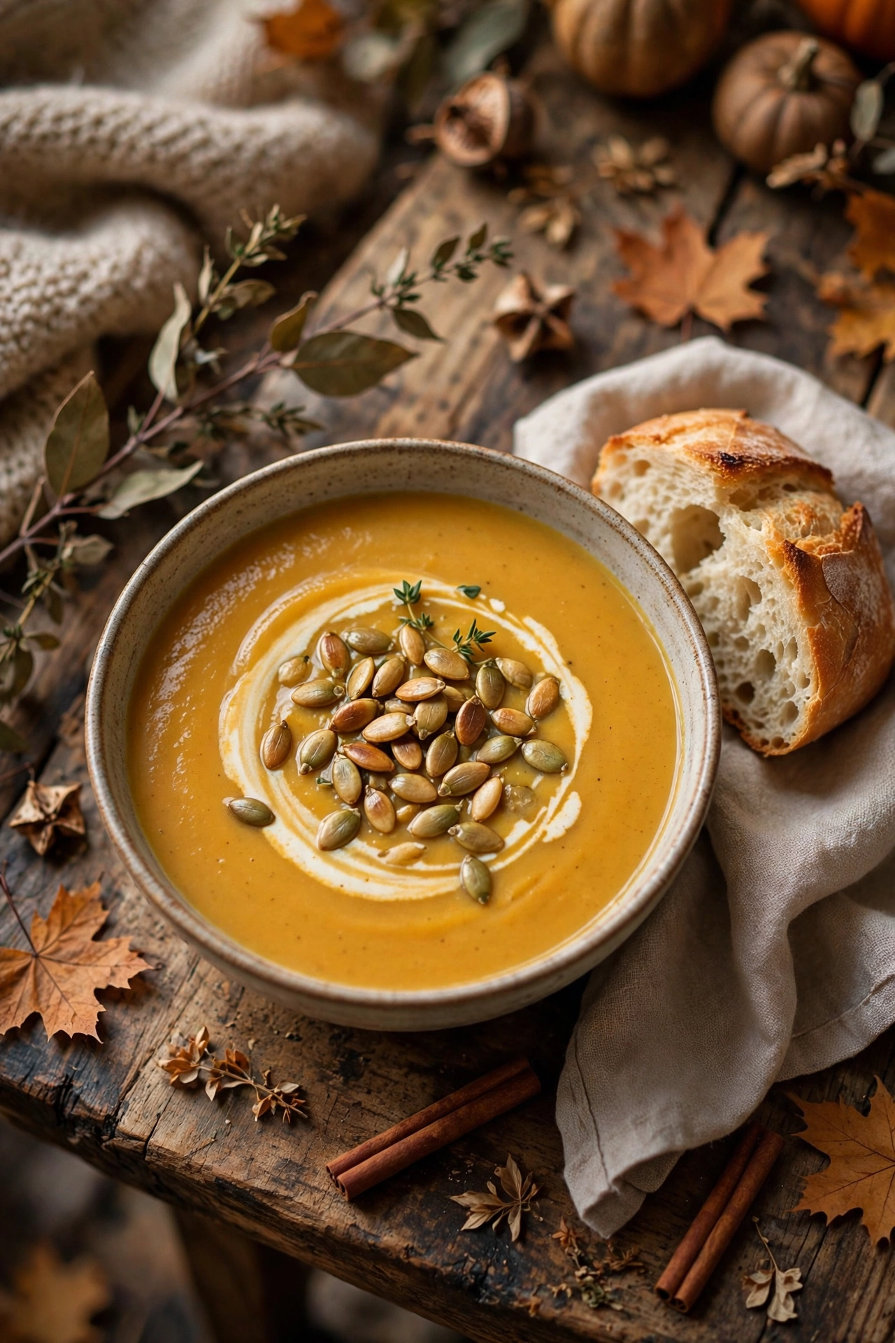 Butternut squash soup velvety orange with cream swirl and pepitas