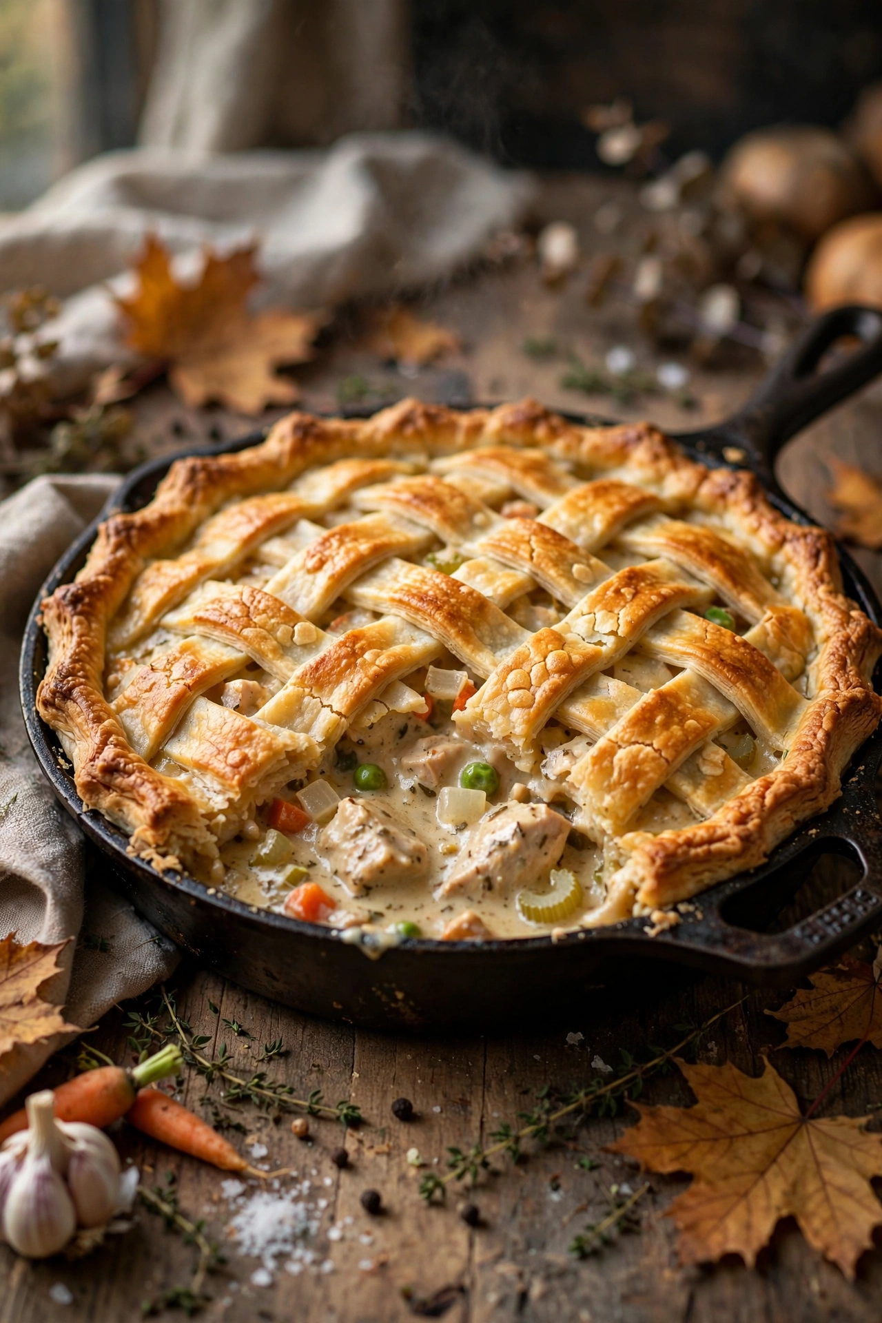 Chicken pot pie golden flaky crust with creamy chicken filling