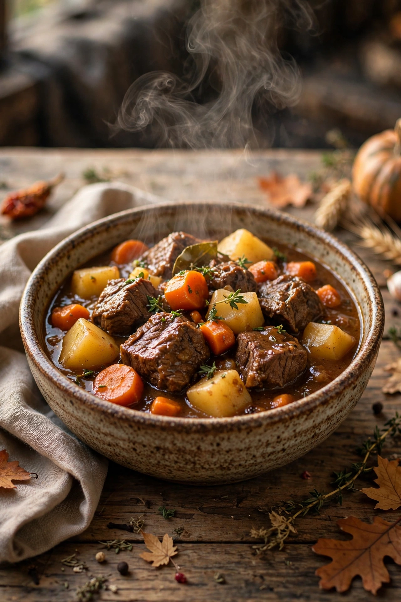 Beef stew with tender beef chunks, potatoes and carrots in rich gravy