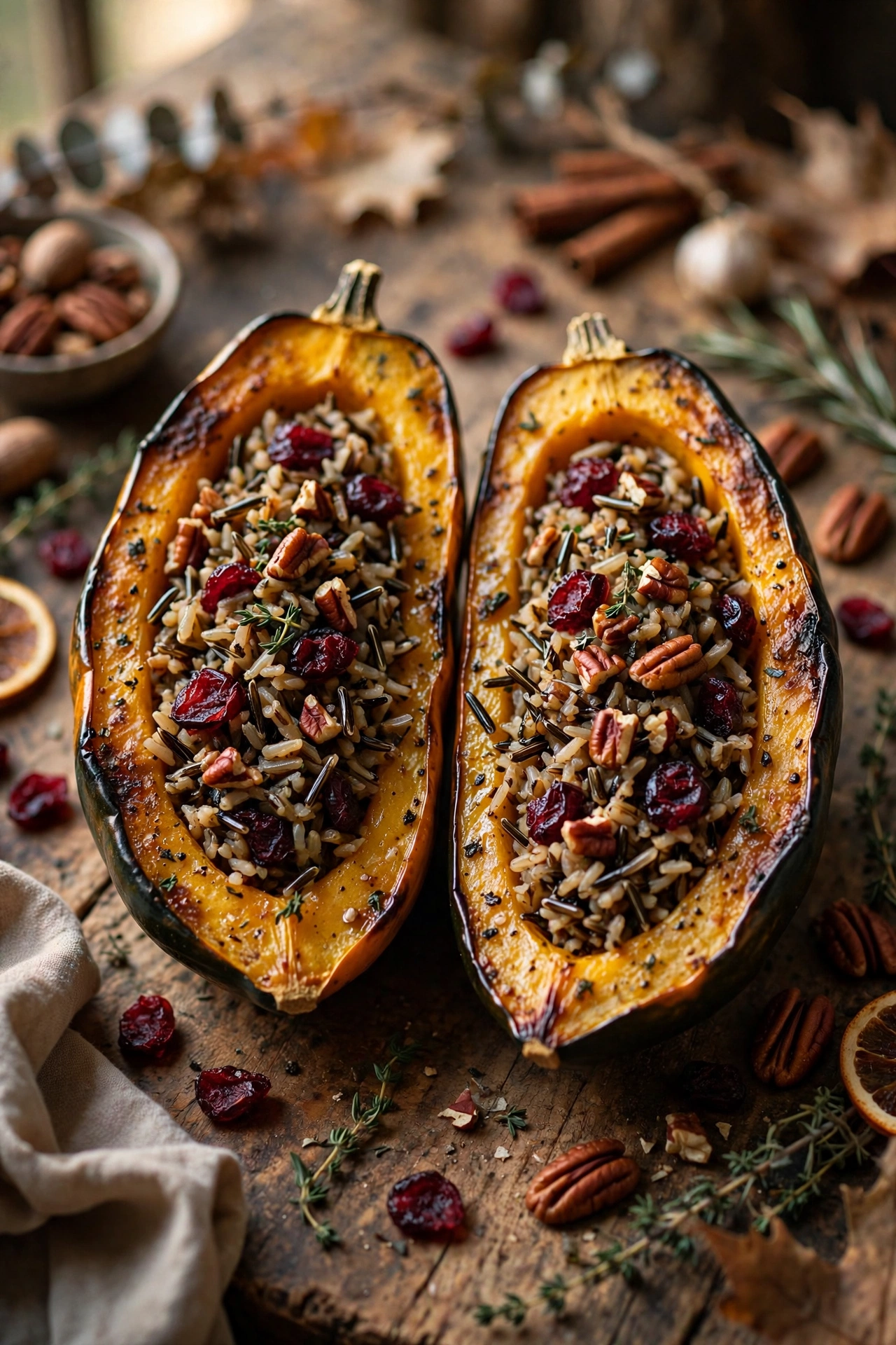 Stuffed acorn squash halves filled with sausage, wild rice and cranberries