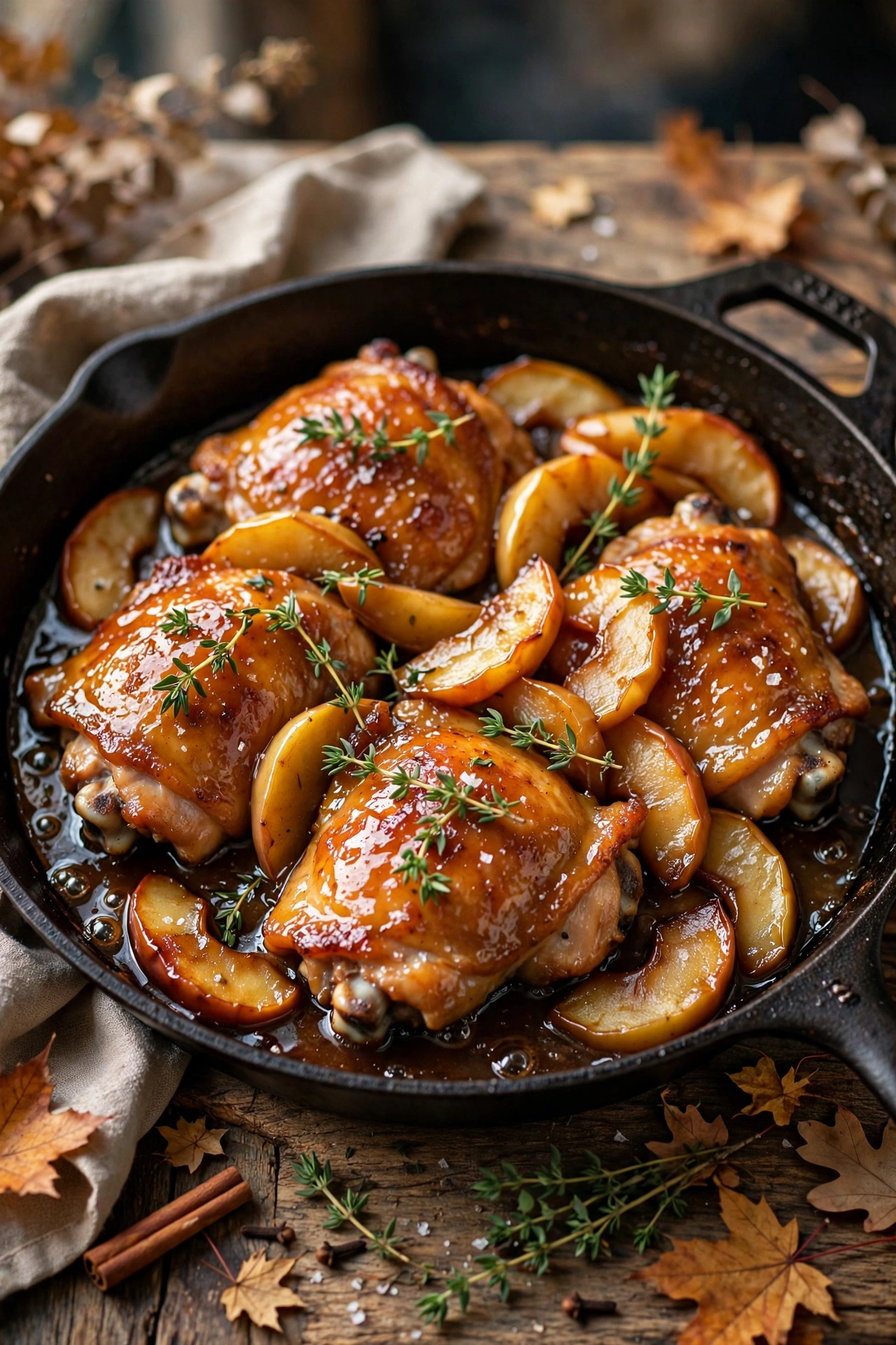 Apple cider chicken thighs glazed with onions and thyme