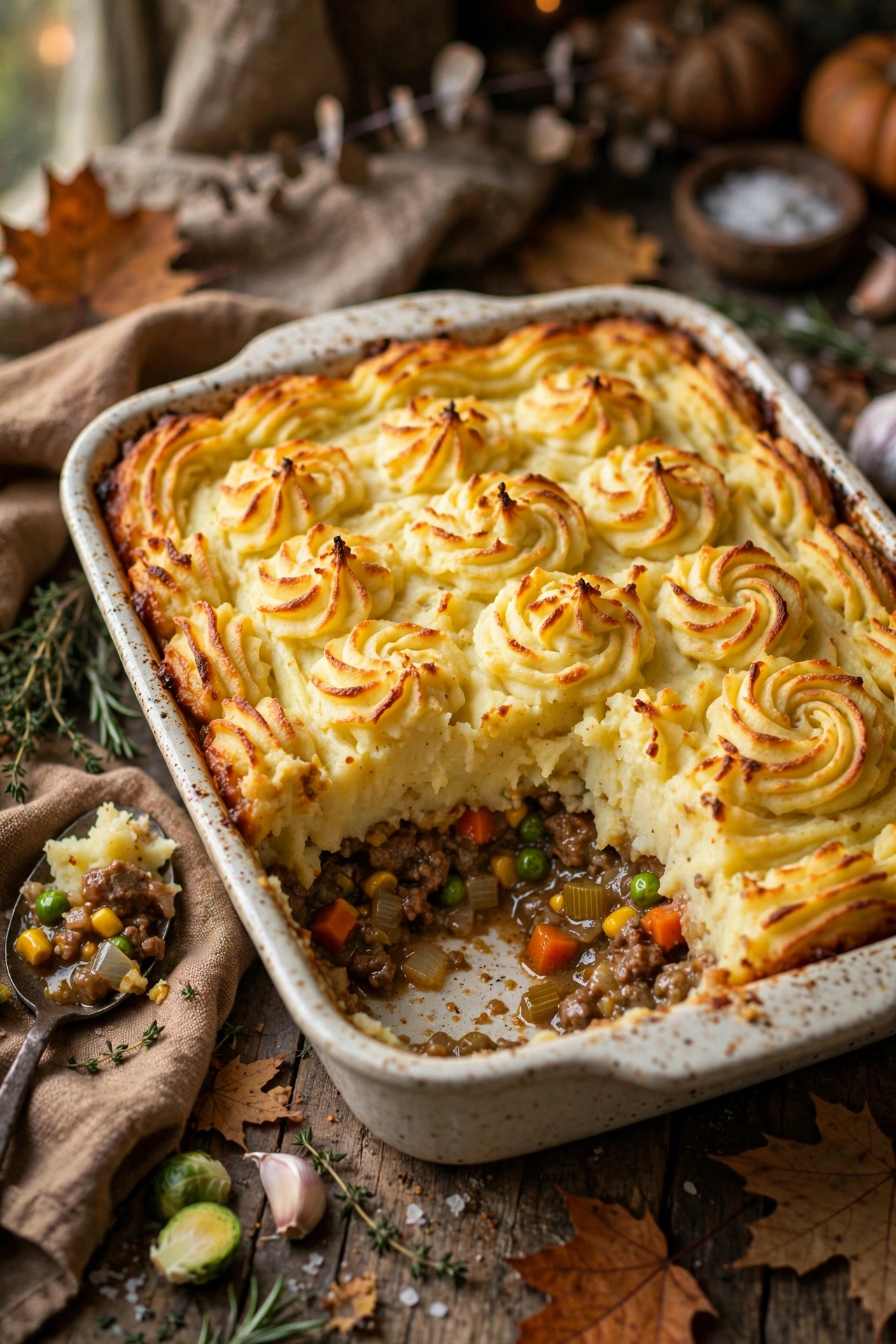Shepherd's pie with golden mashed potato topping and savory filling