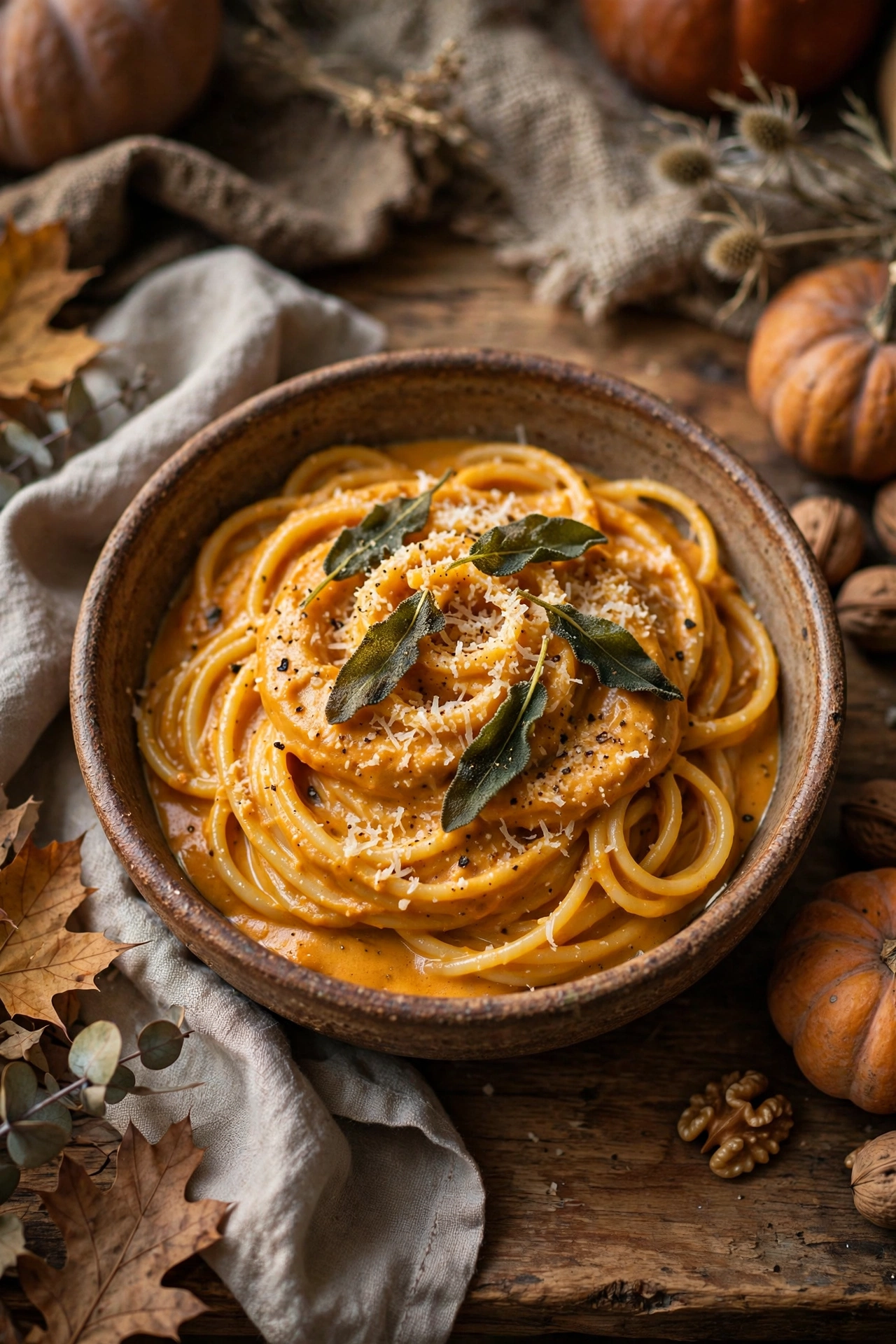 Pumpkin pasta in creamy parmesan sauce with crispy sage