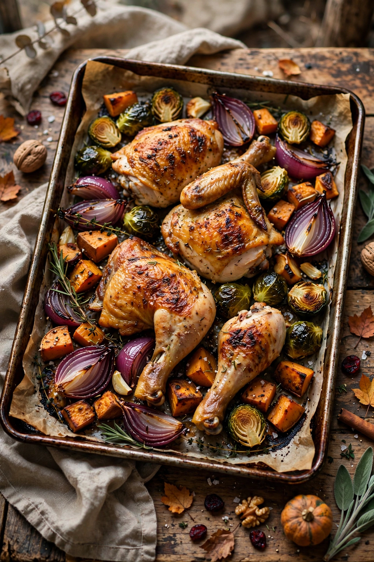 Harvest sheet pan dinner with sausage, Brussels sprouts and sweet potatoes
