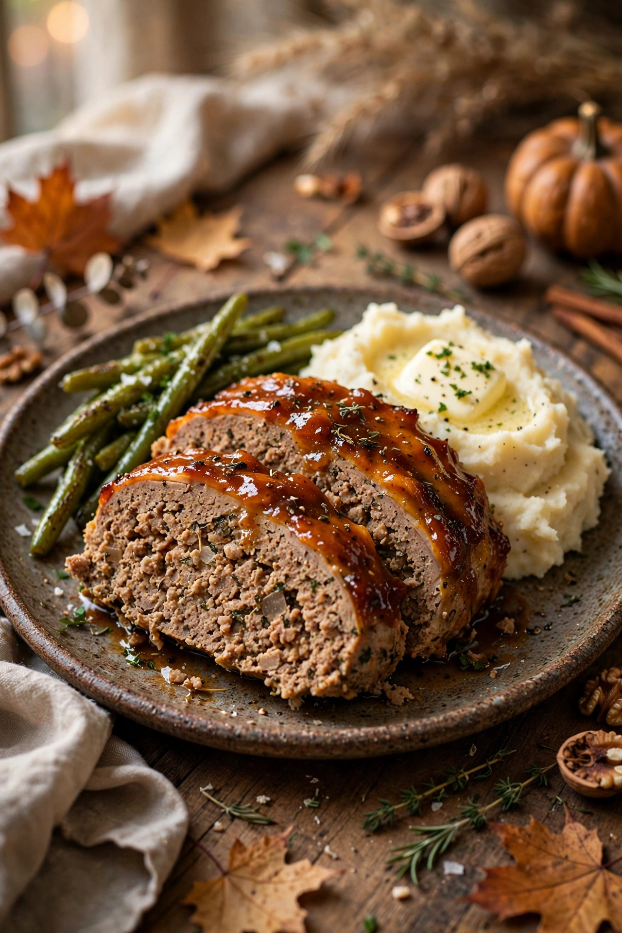 Turkey meatloaf slices with ketchup glaze and roasted vegetables