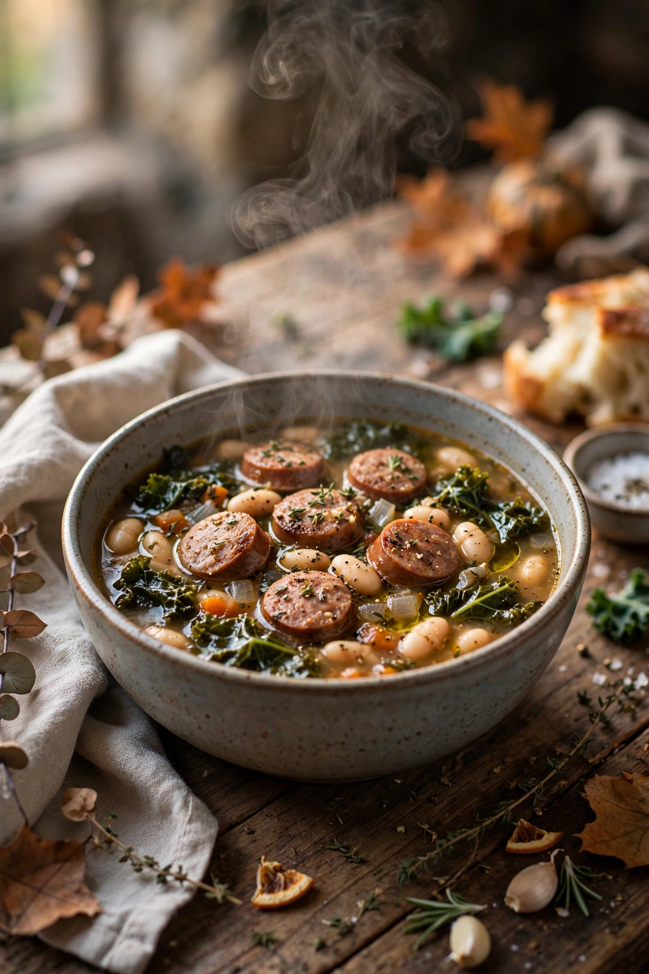 Sausage kale soup with white beans in tomato broth