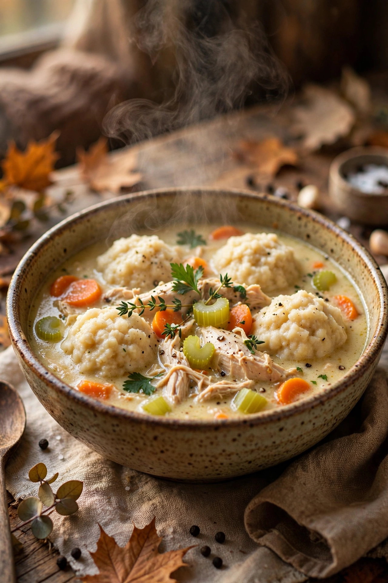 Chicken and dumplings with fluffy dumplings in creamy broth